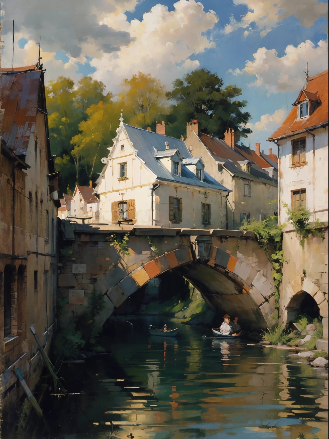 painting of a river with a bridge and a building in the background, by Pieter Franciscus Dierckx, by Carl Frederik von Breda, by Frits Thaulow, by Henri Harpignies, by Luigi Kasimir, by Eugène Brands, by Henri Biva, by Adolf Schrödter, by Ernest Biéler