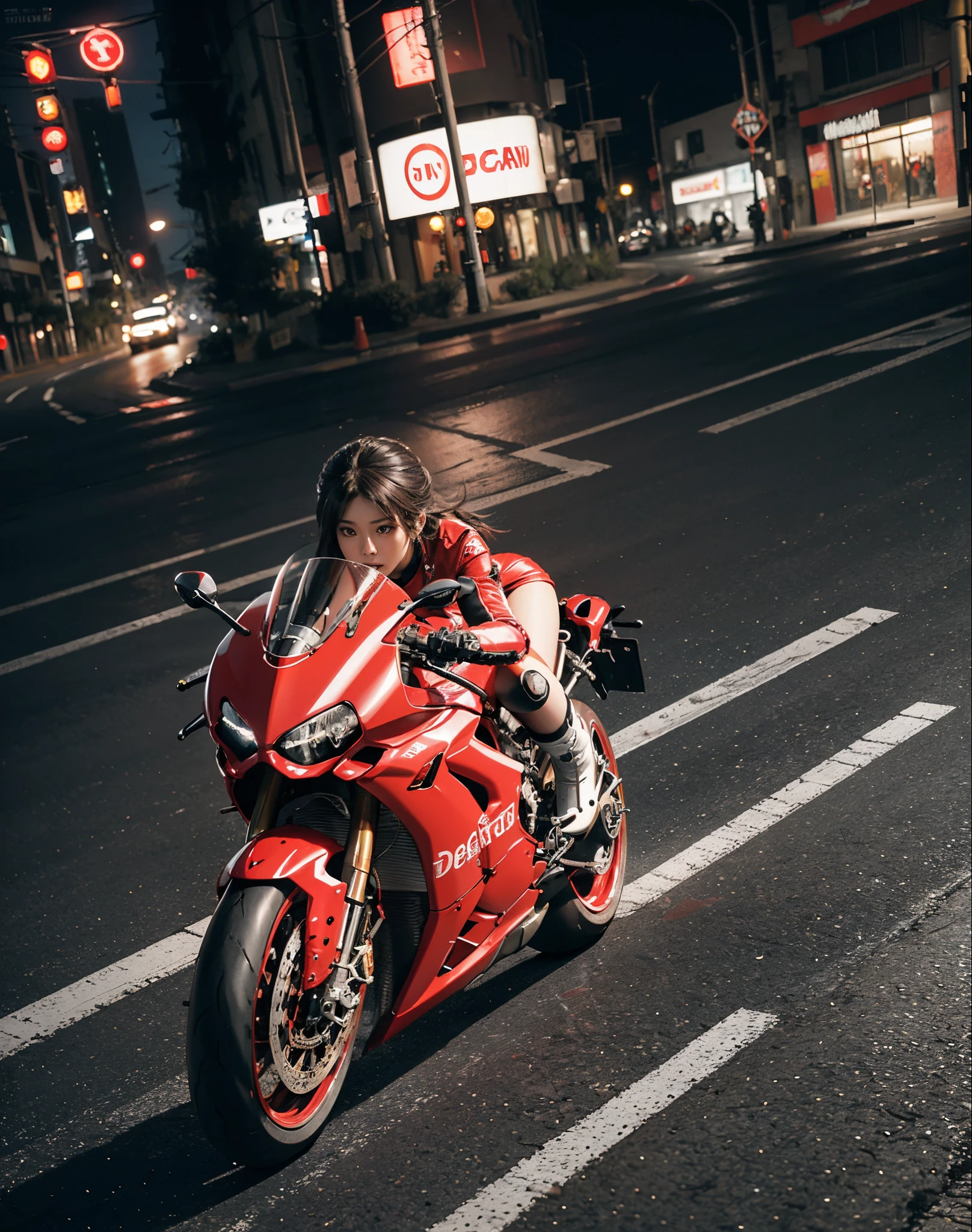 hight resolution、high-level image quality、in 8K、Real live-action、Raw photography、top-quality、​masterpiece、masutepiece、(Soft Saturation:1)、(depth of fields:1.2)、(Ray traching:1.2)、Shot diagonally from above、((during night)), city night scene、The background is a beautiful neon cyberpunk Tokyo、city night scene、Neon light、Dynamic Poses、Dynamic camera angles、heavy wind、Big red motorcycle speeding through the city at night、((Run leaving a trail of light:1.2))、Young woman in red dress sitting on a big red motorcycle, Beautiful face、kawaii faces、(Red dress:1.2)、(Red short skirt:1.3)、white knee highs、(Red boots:1.2、Draw the toes:1.2)、perfect hand、perfect foot、perfect ankles、Perfect toes、Perfect toes、Perfect Heel:1.3、((Grasp the controller with both hands:1.2))、Slouched、put one&#39;Upper body, Lower body:1.2、Sitting on the Ducati Panigale V4,Riding the Ducati Panigale V4, Sci-fi style bikes, Sci-fi style bikes, Ducati Panigale V4 Motorcycle Rider, How to ride the Ducati Panigale V4, (Draw left and right rearview mirrors:1.3)、headlights shine blue、picture of a female biker, motorbike,Motorcycle displacement: Ducati Panigale V4 Details、motion-blur、white smoke from tires、