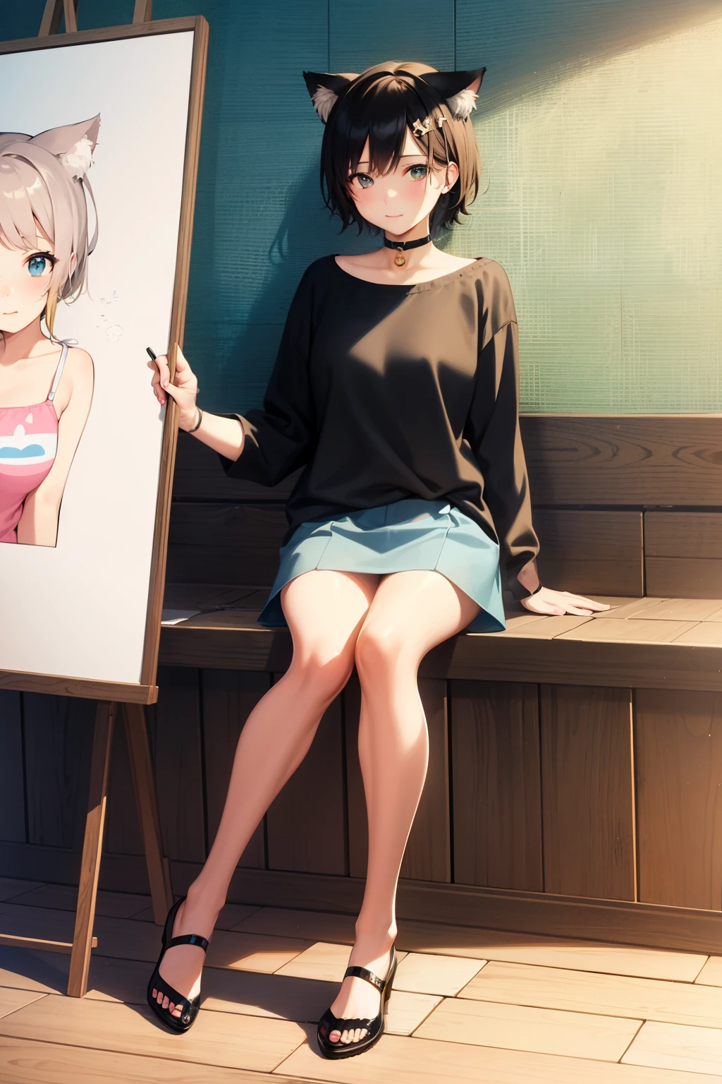 Cute girl,a painter,Painter's clothes,short hair, Drawing board, Hand drawing is better, adult girl, Girl, woman, sexy, Colors,big breasts, big chest,draw, full body, Cat ears, cat collar, cat tail