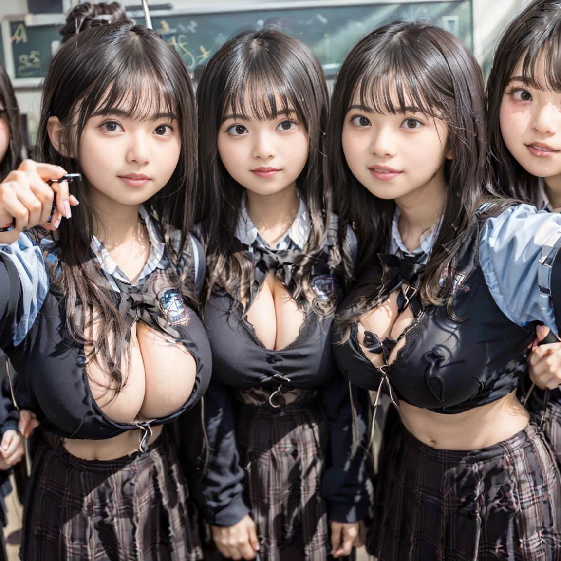 a picture、(((multiple girls))),((((6+girls))))、((10 girls))、The same face、matching school uniform、、Long black hair、10 cute girls、((((Gigantic Breasts))))、a smile、Selfie stick、Classroom、Raw photo、same person、Doppelganger、(group portraits)、a junior high school student