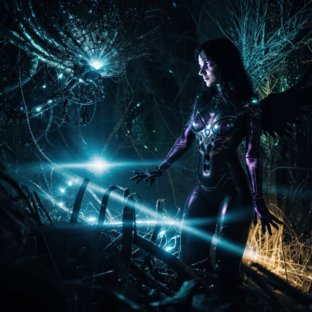 Cosmic Fallen Angel, glowing light eyes, Biomechanical, eerie, Creepy, nightmarish, Very bright colors, Light particles, with light glowing, Mshiff, wallpaper art, UHD wallpaper