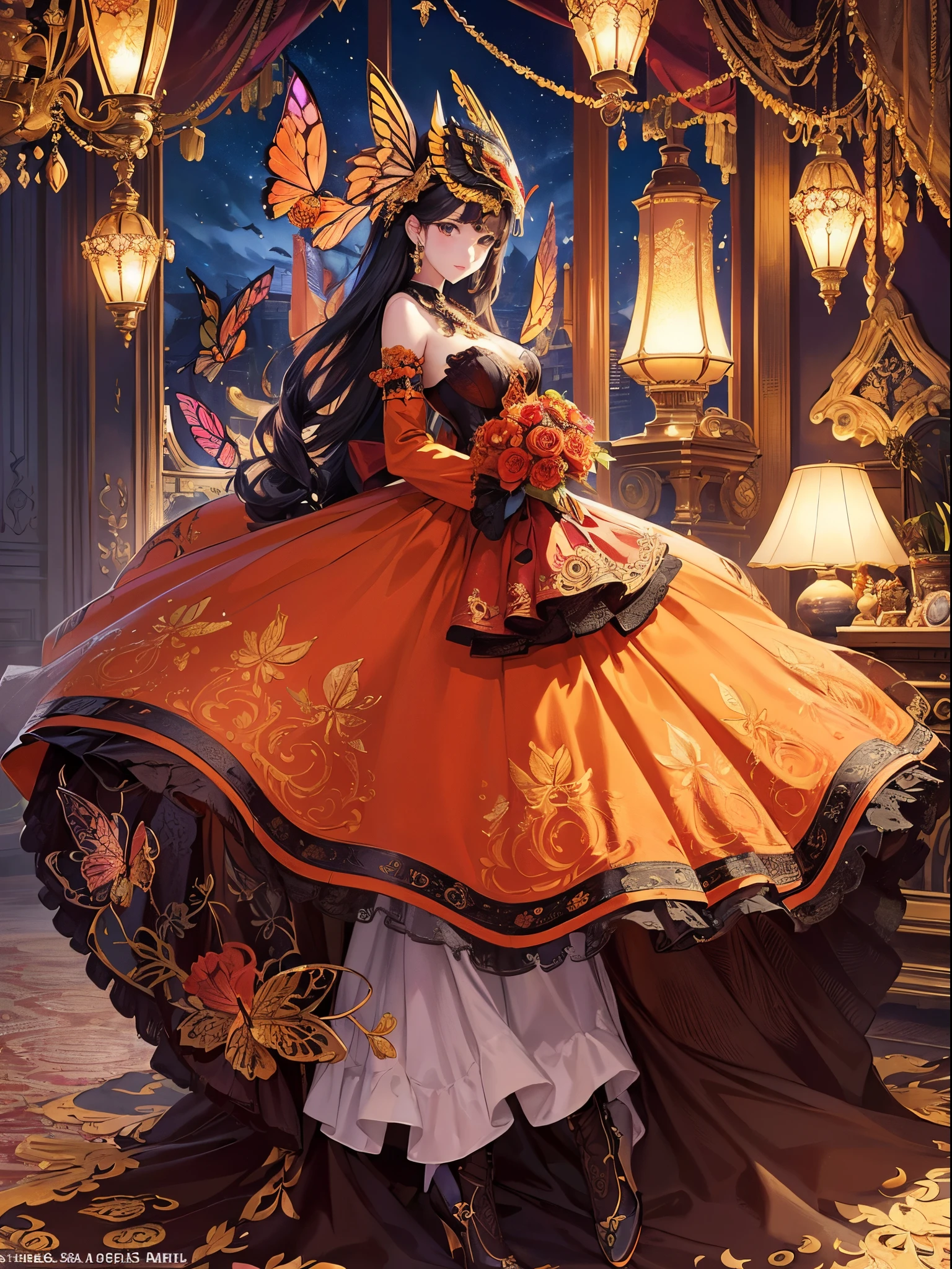 Butterfly motif、Orange tone、Vibrant colors、((masterpiece)))、(((top-quality)))、((ultra-detailliert))、(A hyper-realistic)、(highly detailed CGillustration)、Official art、Amsterdam at the beginning of the 20th century、Decadent、Madame Papillon、Cool Beauty、Masquerade、refinement、Elegance、Gorgeous、Masks that cover most of the face、Colorful and detailed mask design、matchless beauty、Fans、gorgeous dress、jewely、female solo、Perfect Angle、perfect-composition、full body Esbian