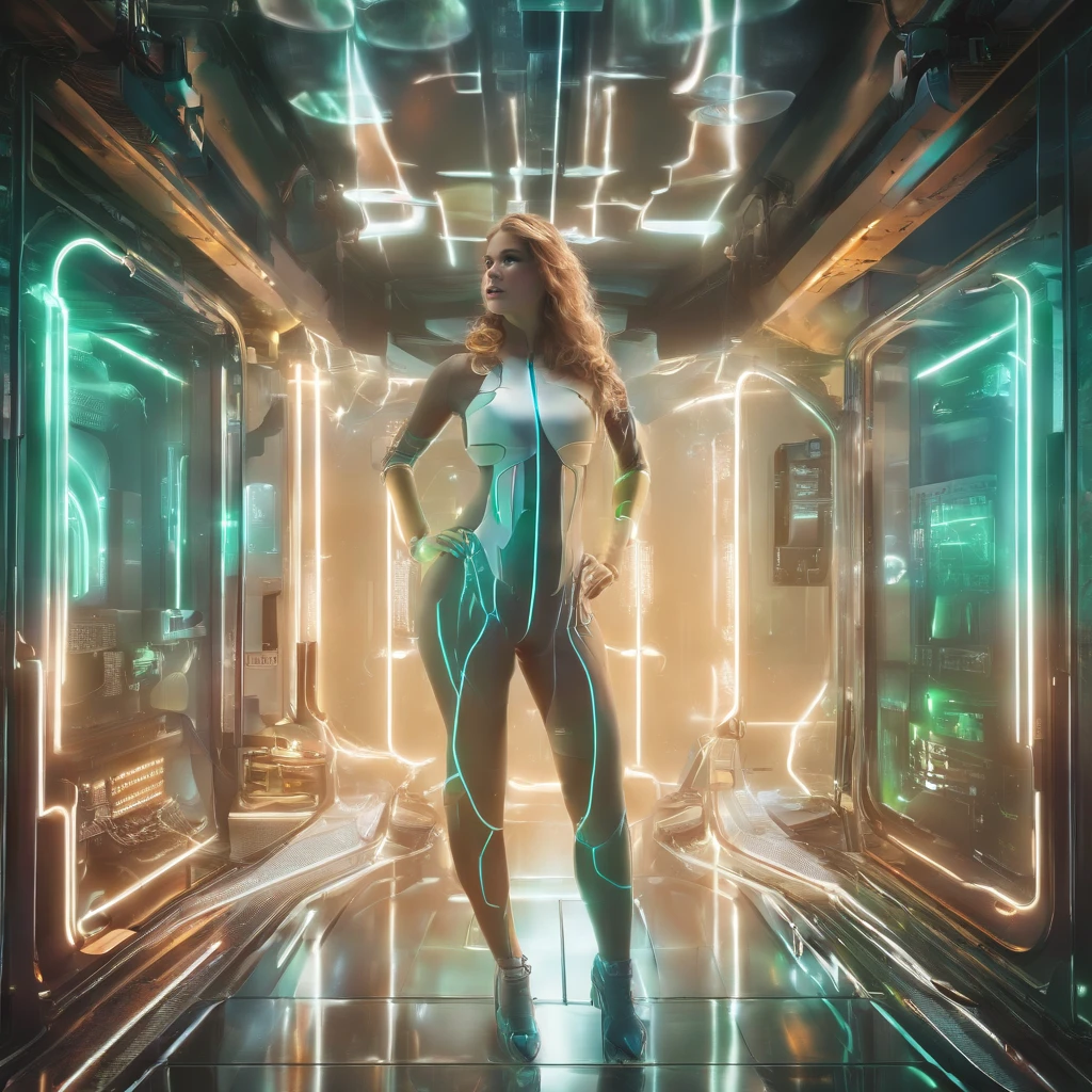 a full body length view, Within an Glass enclosed test tube, part of a futuristic Sci-fi Display, a 8k, High-definition, hyper detailed, picture shot on a Canon camera, a picture of a futuristic Sci-Fi Museum enclosure consisting of a full-body length view of attractive a (20 years old) petite nude woman modeled on Maisie Williams, naked, with shoulder length light brown hair, A beautiful perfect face with natural makeup and dark green eyes, naked, encased in a transparent glass display, lighted by golden lighting, High-Quality Photo, standing pose, facing forward