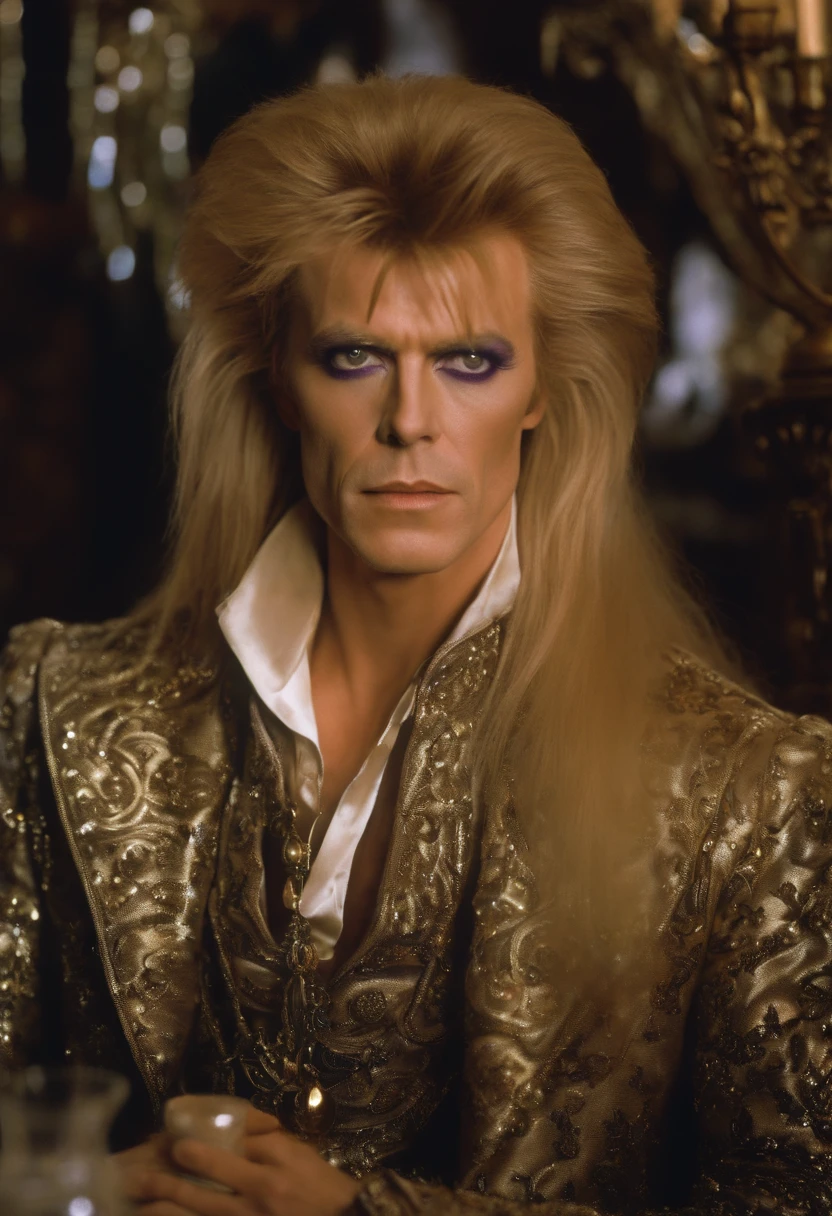 A photo of an ornate goblet filled with a sparkling, mystical elixir,Labyrinth,Jareth has long spiky blonde hair, purple eyeshadow with cat-eye eyeliner, wears a frilly shirt and tight pants, and a high open collar. Portrayed by David Bowie in the film "Labyrinth"