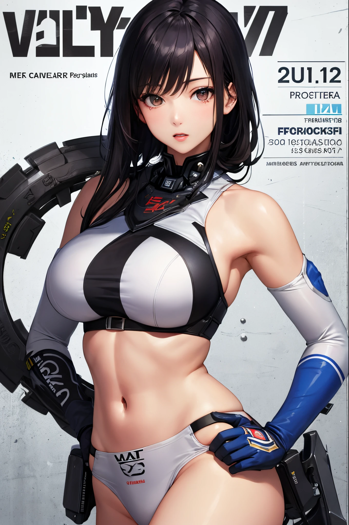 ​masterpiece、Top image quality、Black hair、Black bra、Colossal tits、mechs、animesque、8K,​masterpiece, bset quality,Colossal tits、（1girl in）、((Pit Girl Suit))、shinny skin、Shiny big、dark-brown eyes、 ((top-quality))、 Crisp focus:1.2、Highly detailed facial and skin texture、A detailed eye、face perfect、perfect bodies、art by、nffsw、Blur the background、japanes、Big breasts with a strong presence、Circuit field、Blur the background、Cowboy Shot、