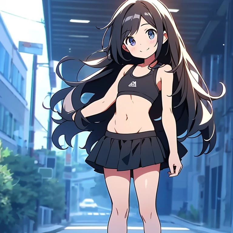best quality, girl, (loli), kawaii, long hair, shy, (small breasts), skirt, black sports bra , light smile, full body