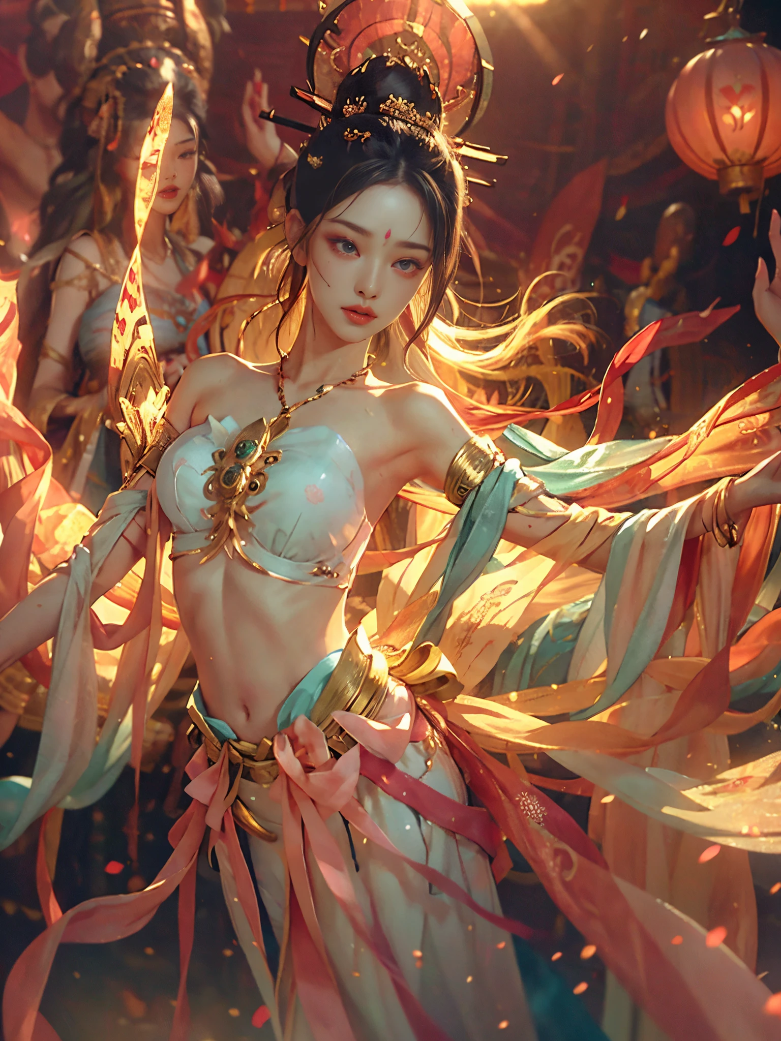 RAW Photo, Realistic, (Photo Real: 1.3), Best Quality, Masterpiece, Ultra Detail, Extreme Detail, 8k Wallpaper, Realistic Detail, Movie Lighting, Illustration, 1 Girl, upper_body, Dynamic Angle, World Mastery Theater, Best Quality, Extremely Delicate Beautiful Girl, Perfect Face, Delicate Facial Features, Delicate Hands, Delicate Eyelashes, Delicate Eyes, Supple Fair Skin, Sexy Collarbone, Double dance, dunhuang_dress, Holding lotus, bare shoulders, stunning beauty, belly, navel, amazing, sexy, peach blossom eyes, light makeup, smile, lens_flare, mural background, streamers, floating, lanterns,