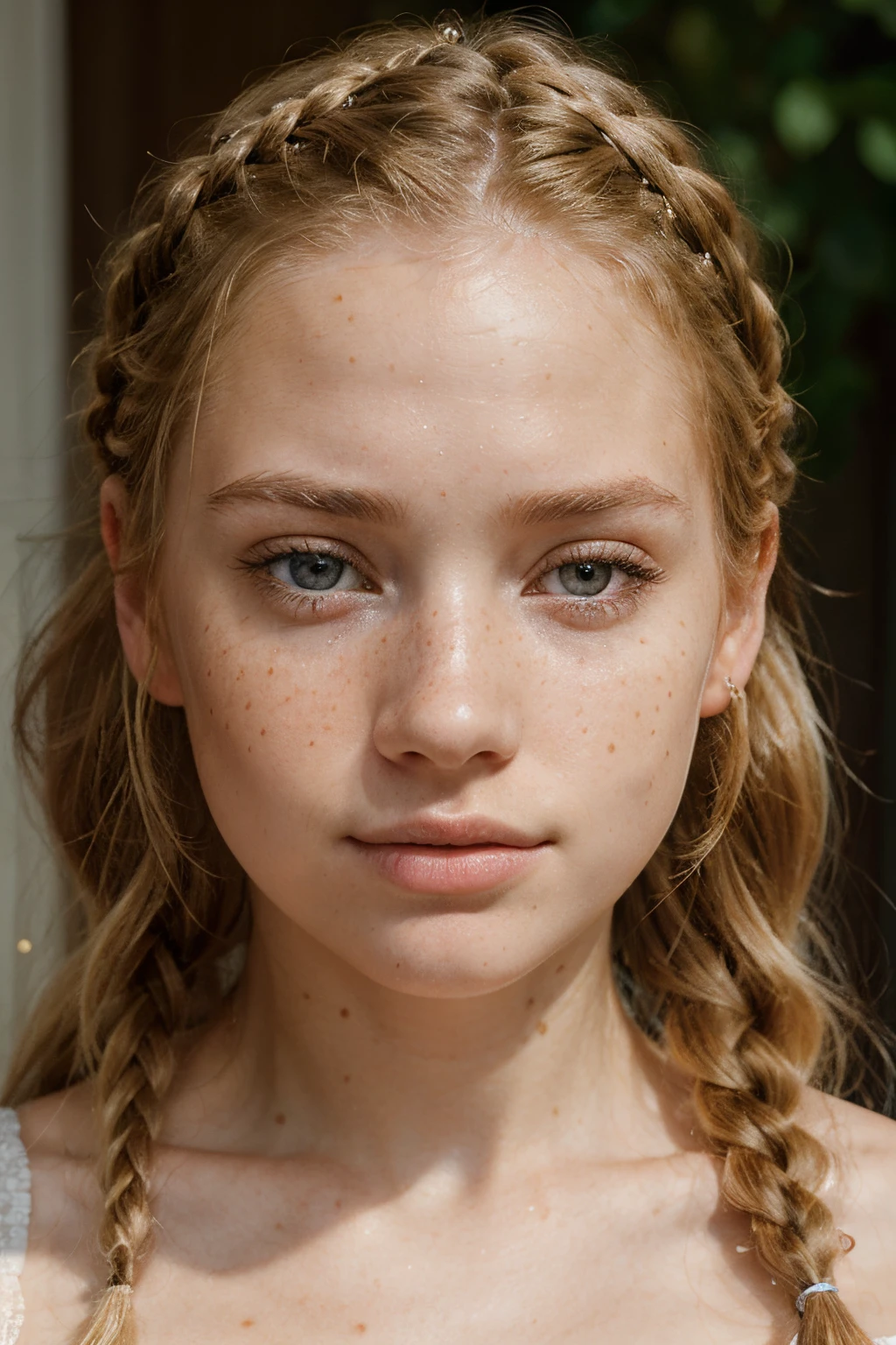masterpiece, photorealistic, close up face portrait, 1 lady, alluring woman, blonde, sofisticated, jewelery, young beautiful, cute freckles, realistic skin textures, skin imperfections, twin braids, young girl, freckled,blonde, freckled pale skin, anna nikonova aka newmilky, lacey