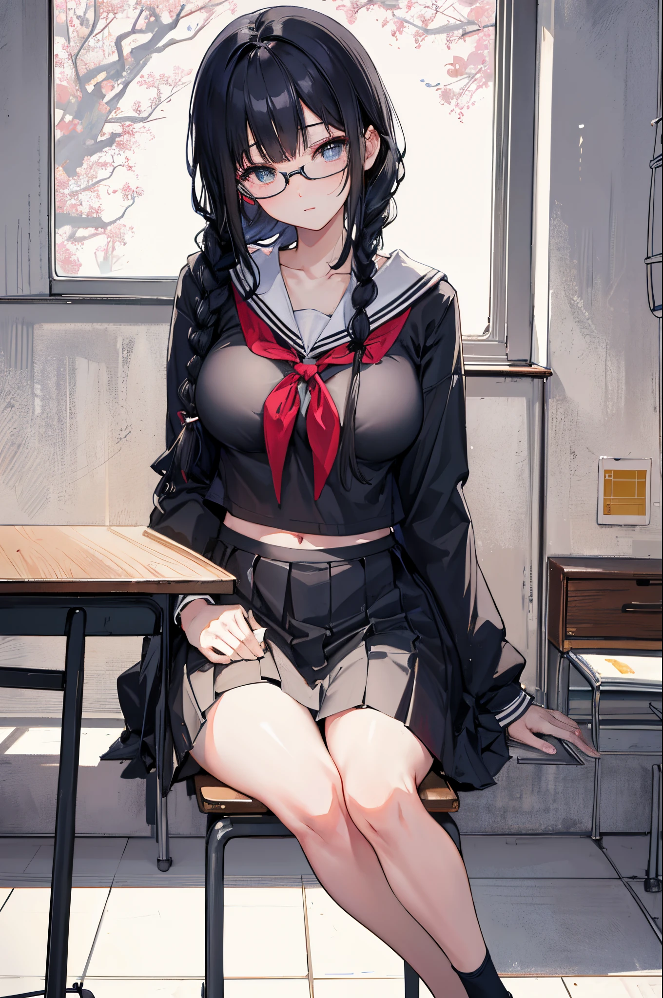 ((tmasterpiece,Best quality at best)),Portrait of a female student, A high resolution, Best quality at best, Lighting, 电影灯光, ultra - detailed, Detailed faces, (A detailed eye), Best quality at best, ultra - detailed, tmasterpiece, (Detailed faces),(black hair color hair,Japanese traditional schoolgirl hairstyle_Two twisted braids,hair on breasts,hair on shoulders,Qi bangs)+(黑The eye,beautiful detailed eyes,round frame glasses),tall and slim,Black student sailor uniform,Crispy breasts,boobgasm,(breast support,Clothes that expose the navel), sporty attire, highest details, glowing light eyes, (Classroom:1.2), sit on chair, sitted, classroom desk, janelas, nigh sky, The light from the rear window is backlit, llight rays, (hight contrast), (One color),
