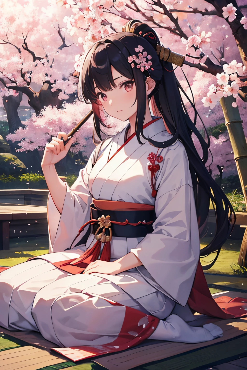 a girl with traditional Japanese clothing and armor, fighting with a sword and bamboo practice spear, surrounded by cherry blossom trees and falling petals, in a serene garden at twilight, with soft and warm lighting, reminiscent of a traditional Japanese painting, with vibrant colors and rich textures, capturing the bravery and grace of the onna-bugeisha warriors from ancient Japan