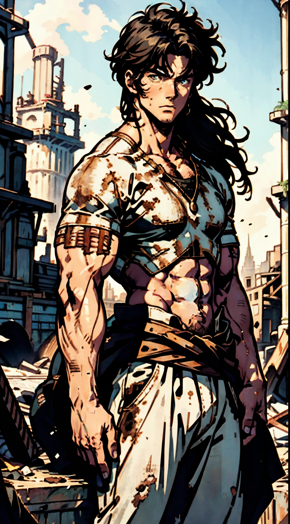 A middle-aged man, dark golden long hair, a wild and unkempt hairstyle, a melancholic gaze, a dignified expression, a tall and muscular physique, a hint of stubble on his face, a fantasy-style tattered clothing, ripped sleeves, reveals his abdominal muscles, one of his arms is missing, a hemp rope is wound around his waist, coarse cloth pants, the background depicts a fantasy-style dilapidated city with crumbling buildings, this character embodies a finely crafted fantasy-realistic style warrior in anime style, exquisite and mature manga art style, high definition, best quality, highres, ultra-detailed, ultra-fine painting, extremely delicate, professional, anatomically correct, symmetrical face, extremely detailed eyes and face, high quality eyes, creativity, RAW photo, UHD, 8k, Natural light, cinematic lighting, masterpiece-anatomy-perfect, masterpiece:1.5