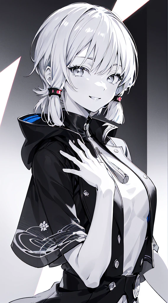 kamisato ayaka, (best quality, highres, masterpiece:1.2), upper body, detailed black and white coat, modern style, cute pose, fade smile, flawless skin, stylish haircut, captivating gaze, soft lighting, v hand