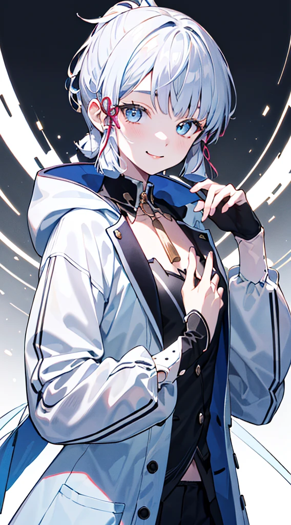 kamisato ayaka, (best quality, highres, masterpiece:1.2), upper body, detailed black and white coat, modern style, cute pose, fade smile, flawless skin, stylish haircut, captivating gaze, soft lighting, v hand