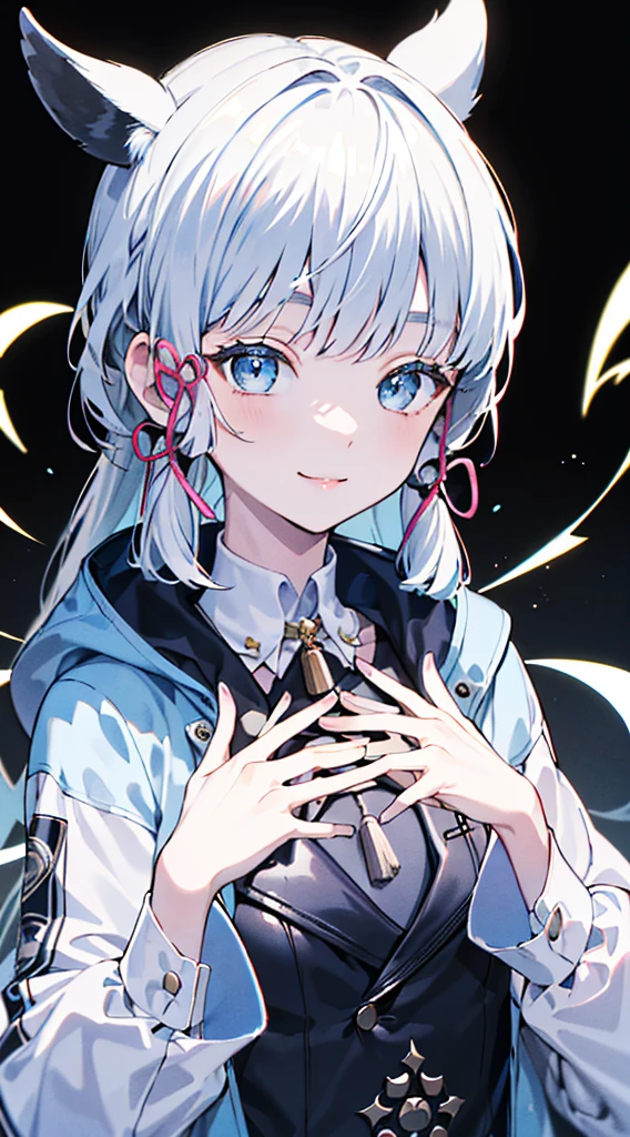 kamisato ayaka, (best quality, highres, masterpiece:1.2), upper body, detailed black and white coat, modern style, cute pose, fade smile, flawless skin, stylish haircut, captivating gaze, soft lighting, v hand