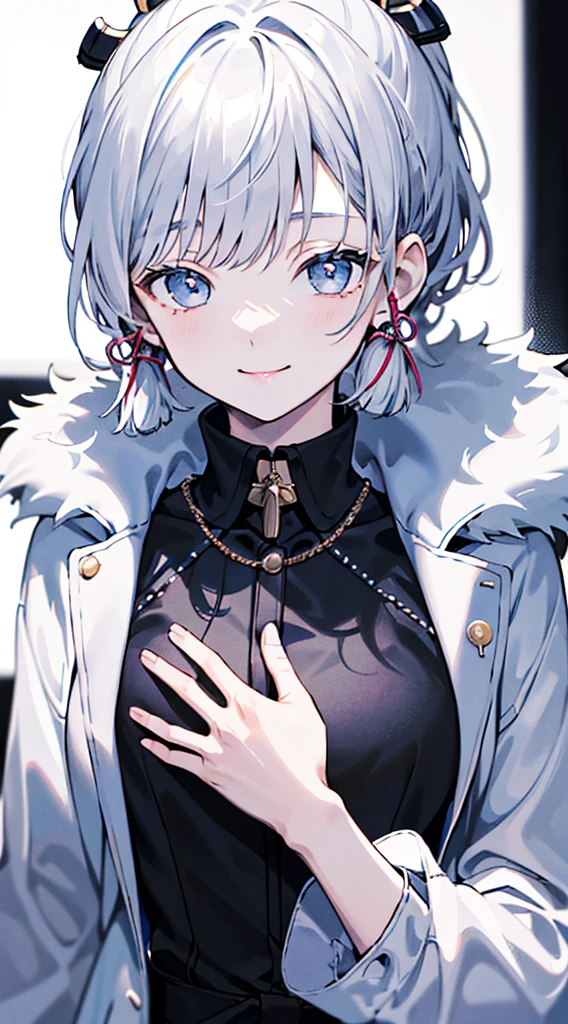 kamisato ayaka, (best quality, highres, masterpiece:1.2), upper body, detailed black and white coat, modern style, cute pose, fade smile, flawless skin, stylish haircut, captivating gaze, soft lighting, v hand