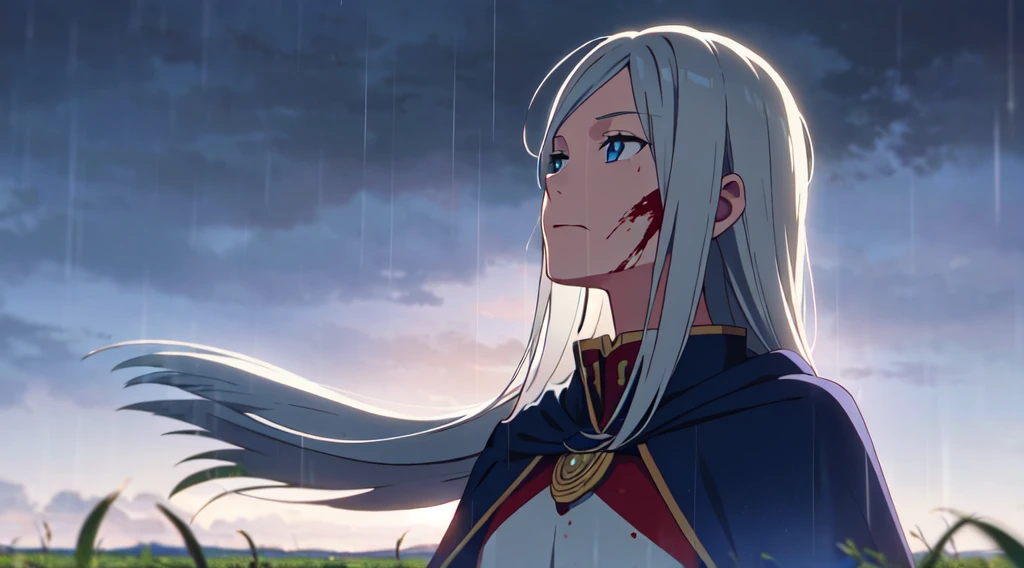 Masterpiece, 1 lady (solo), (really very long hair) , White hair, Have light blue eyes. Scenery. Armor with blue cape, wear flower hairpin. Calm expression. (Blood on body and face) . Rain, Wheat field. Sky. (Look up at the sky). Ray tracing. Dramatic. (Close up)