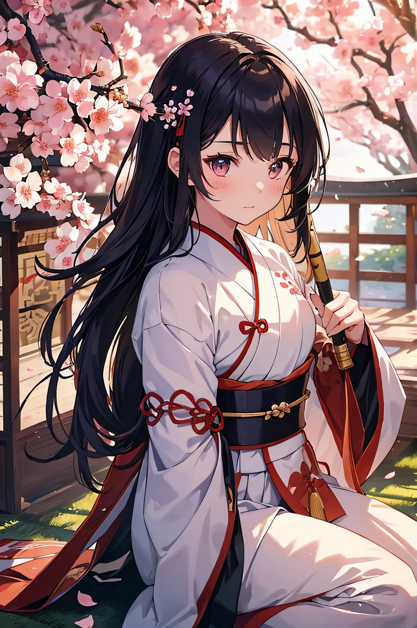 a girl with traditional Japanese clothing and armor, fighting with a sword and bamboo practice spear, surrounded by cherry blossom trees and falling petals, in a serene garden at twilight, with soft and warm lighting, reminiscent of a traditional Japanese painting, with vibrant colors and rich textures, capturing the bravery and grace of the onna-bugeisha warriors from ancient Japan