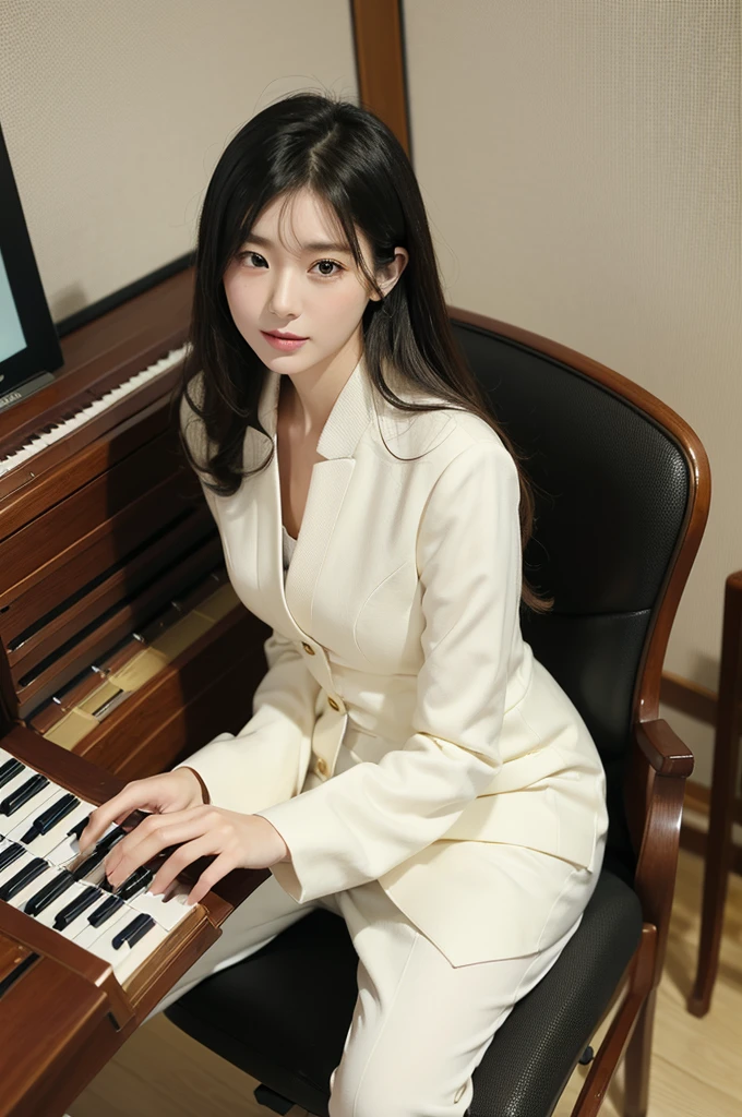 top-quality、hight resolution、ultra-detailliert、masterpiece、Raw photography:2、realisitic:2、Photorealsitic:2、extremely delicate and beautiful、finely detail、 Textured skin、(High School Music Classes)、1womanl、japanes、(Middle Age Woman:1.6)、(beauitful face:1.2)、50 years old、(Wrinkles at the corners of the eyes:1.5)、(nasolabial folds:1.3)、Chunky lips、shiny lips、Bewitching face、(Solo:1.3)、(Alone)、Full body shot、(Focus on the whole body;1.2)、(Ceiling from below)、The gaze is looking at the camera、(Body facing the camera:1.5)、(Sit in a piano chair with your crotch open to the lens:1.5)、(Showing white panties:1.2)、(Open leg pose like Sharon Stone)、(Opening legs:1.3)、(Open your crotch)、(Window on piano background:1.3)、Window illuminated by sunset、Brown medium hair、(White panty:1.5)、(high-heels)、(blazers:1.1)、Slit skirt、(white shirt), (Bare legs:1.4)、Fat、Pubic hair is dark、(Do not take off your jacket)、(Do not take off your skirt:1.5)、(Do not expose your upper body)、At SFW