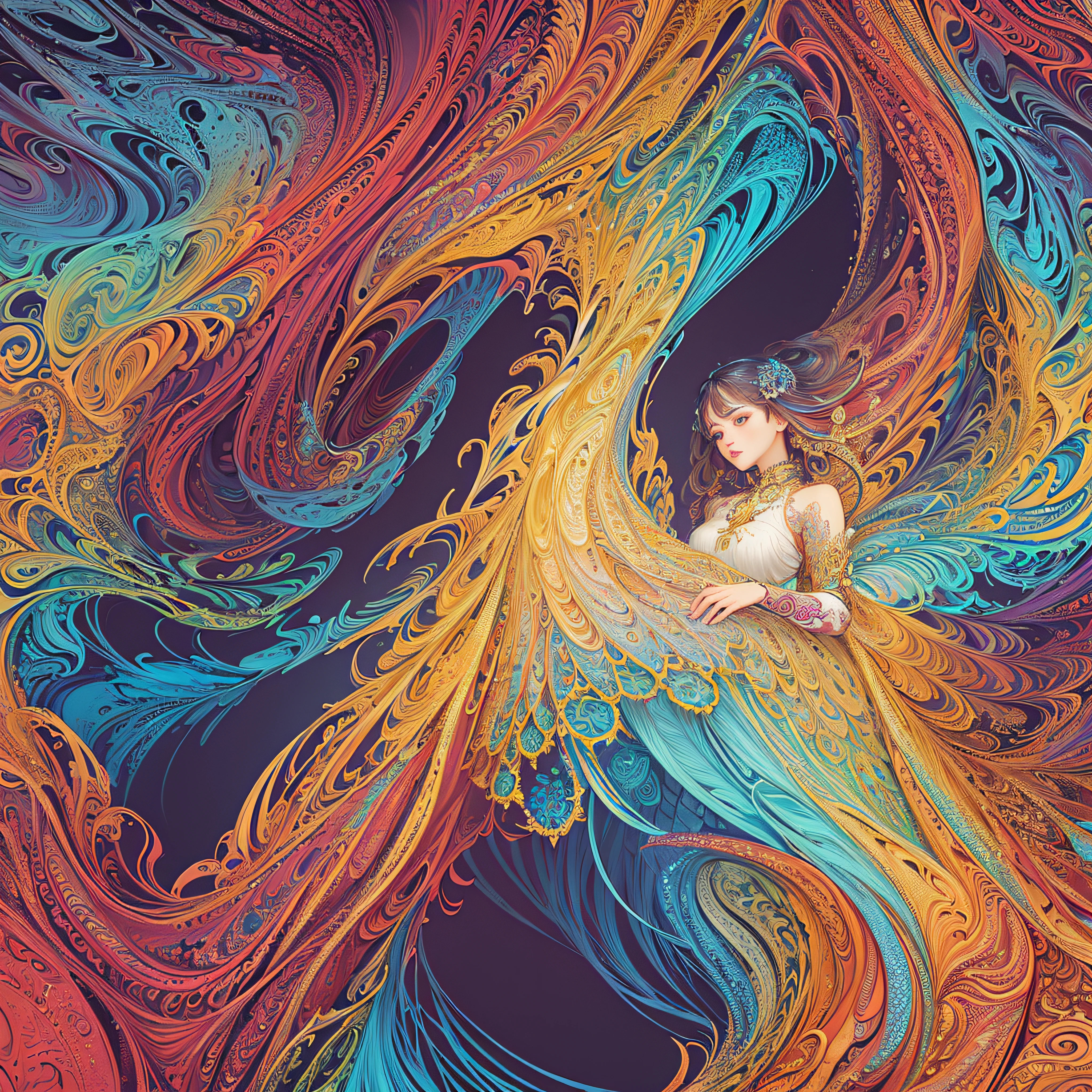 (masterpiece, top quality, best quality, official art, beautiful and aesthetic:1.2), (1girl:1.3), extremely detailed,(fractal art:1.2),colorful,highest detailed,(zentangle:1.2), (dynamic pose), (abstract background:1.5), (treditional dress:1.2), (shiny skin), (many colors:1.4), upper body