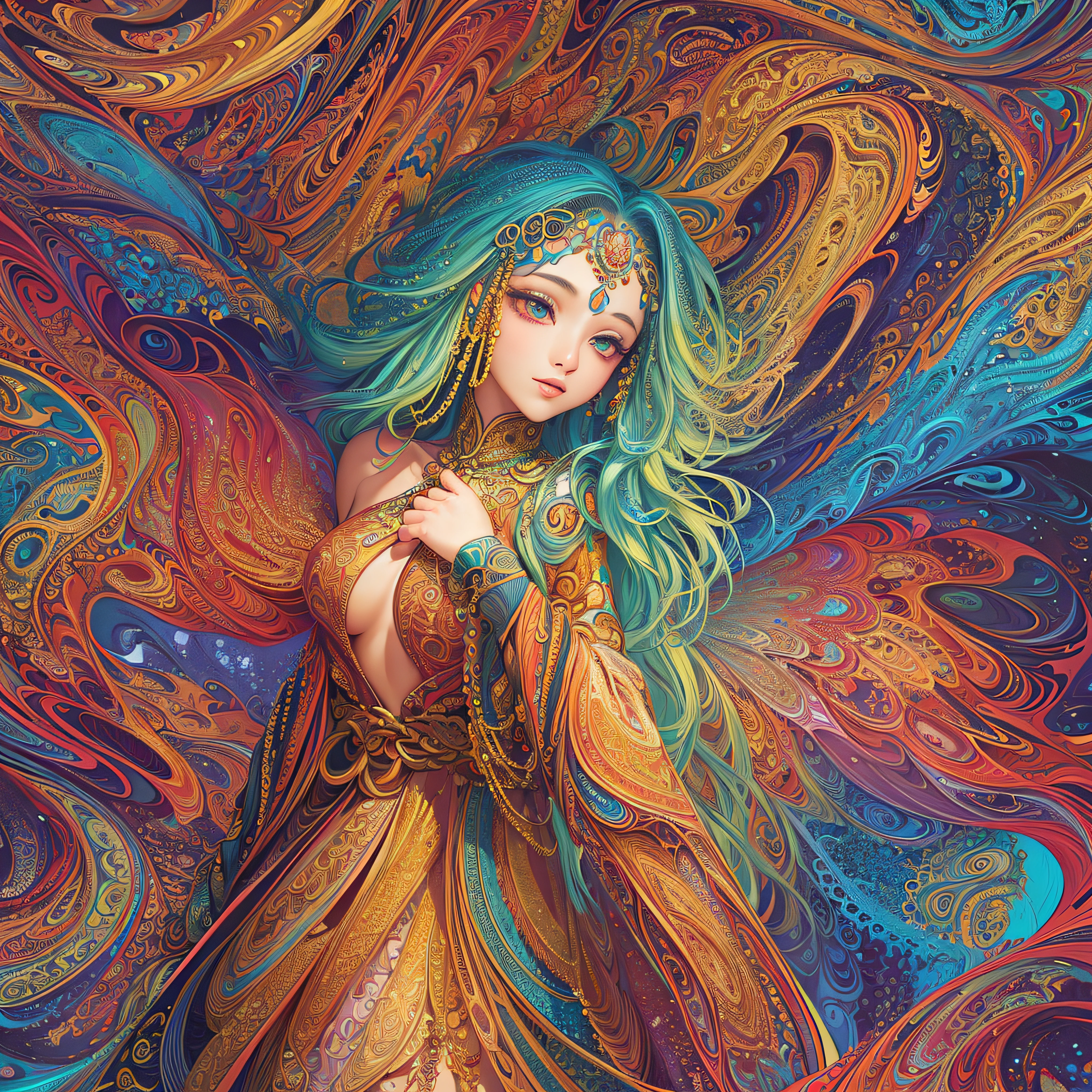 (masterpiece, top quality, best quality, official art, beautiful and aesthetic:1.2), (1girl:1.3), extremely detailed,(fractal art:1.2),colorful,highest detailed,(zentangle:1.2), (dynamic pose), (abstract background:1.5), (treditional dress:1.2), (shiny skin), (many colors:1.4), upper body