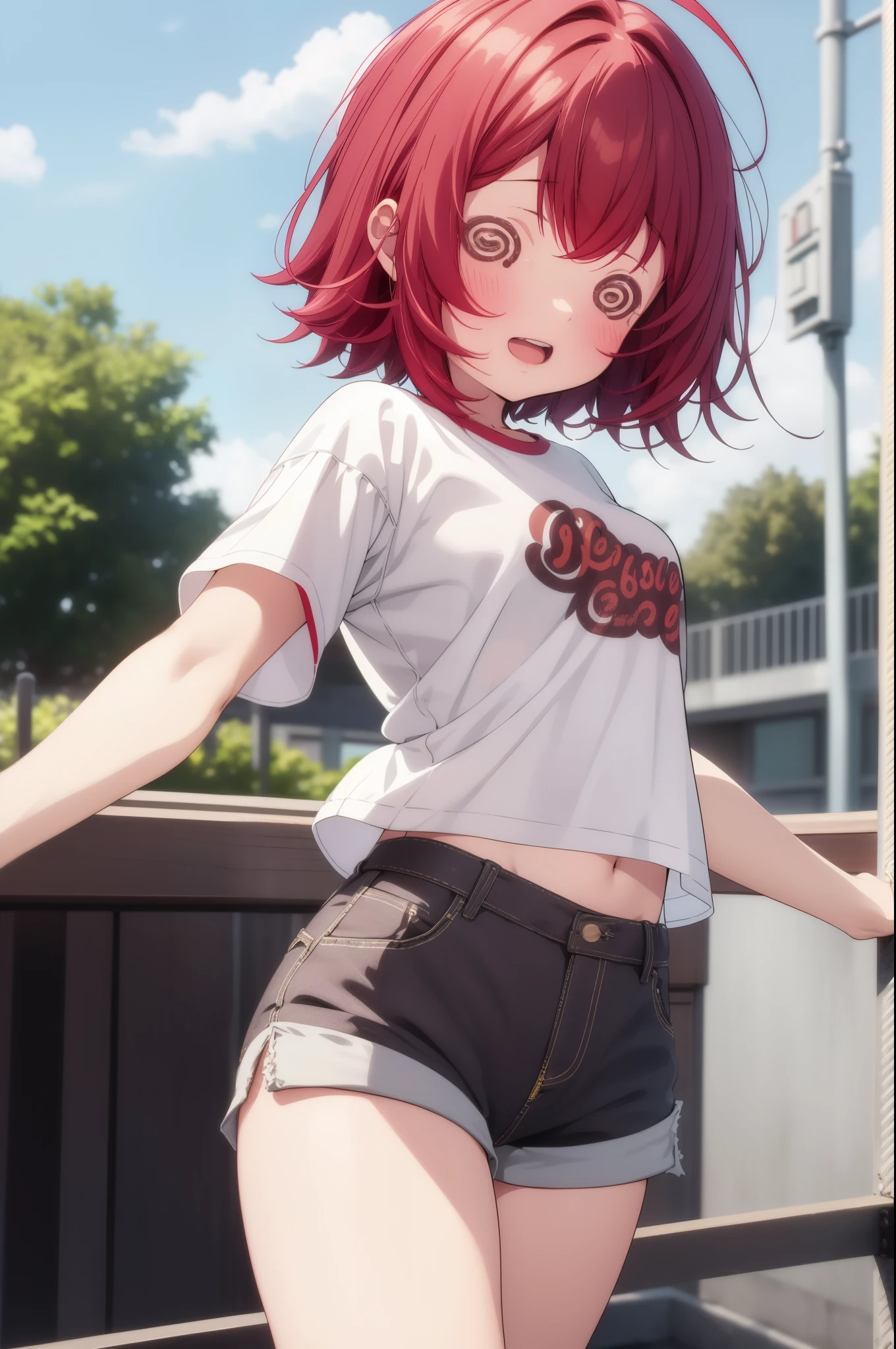 masterpiece, best quality, highres, 1girl, solo, kusuriloli, loli, small breasts, red hair, short hair, t-shirt, shorts, ahoge, standing, open mouth, park, sky