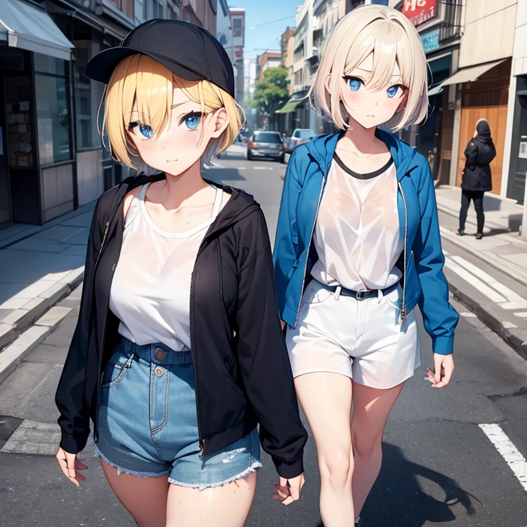 2D Anime Style、Blue eyes、breasts are slightly larger、A cool adult woman with short blonde hair and a shy expression is walking down the street in street fashion style....,