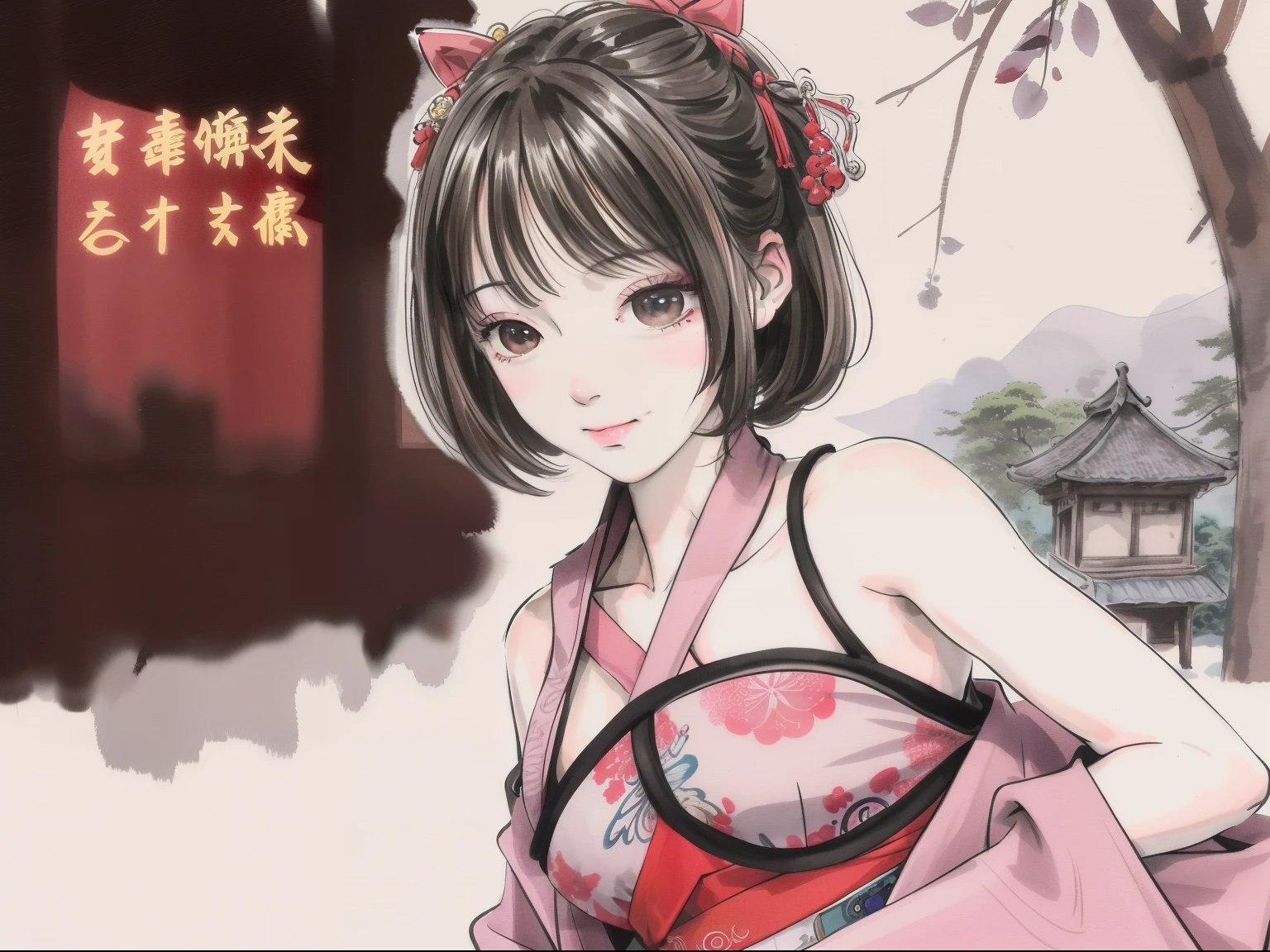 (masterpiece)、top-quality、Superior anatomy、shuimobysim、arms back、(1 pretty girl:1)、(The upper part of the body)、(a smile)、short-hair、(Hanfu)、(Etch 0.5)、(The tree:0.5) 、(florals:0.6)、(Wooden house:0.2)、(bamboo forrest:0.2)、(rivulets:0.2)、(a river:0.2)、Ink wash painting style