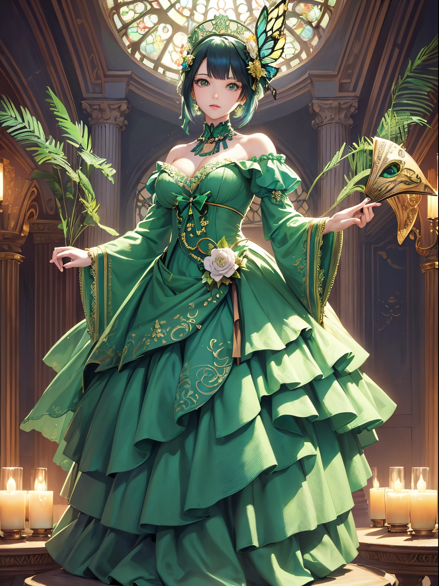 Green Dress Flower Cleanser，Sense of atmosphere, best qualtiy，tmasterpiece，1girll，30-years old，Green dress，Daytime Church，full body Esbian, Green gloves，With short black hair，big breasts beautiful，looking at viewert，ssmile，Green Bridal Veil，Green Long Grove，Satin green long gloves,　lipsticks, Green Pearl Necklace