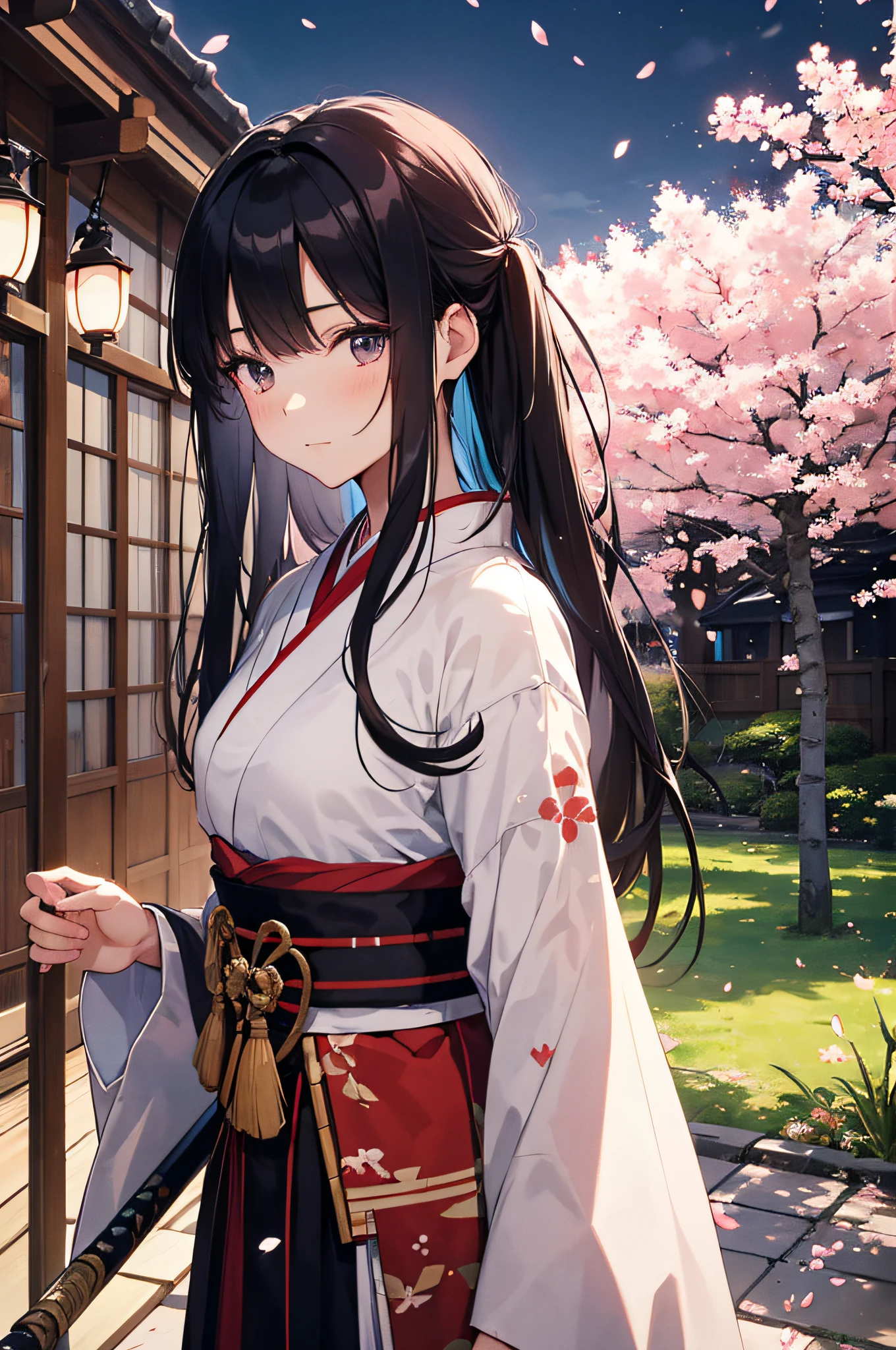 a girl with traditional Japanese clothing and armor, fighting with a sword and bamboo practice spear, surrounded by cherry blossom trees and falling petals, in a serene garden at twilight, with soft and warm lighting, reminiscent of a traditional Japanese painting, with vibrant colors and rich textures, capturing the bravery and grace of the onna-bugeisha warriors from ancient Japan