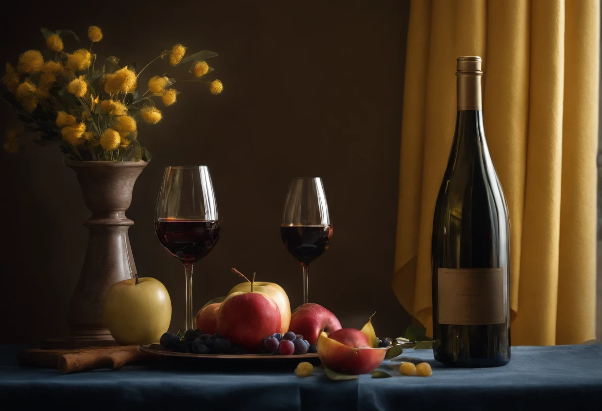 Hyperrealism, 135mm, Nikon, chiaroscuro, cinematic lighting, god rays, drop shadow, Dutch Golden Age painting, Hyperrealism, Realism, Neoclassicism, UHD, retina, masterpiece, ccurate, super detail, high details, high quality, award winning, best quality, highres, 4K, hyper-realistic image, still life, two glass glasses, a glass of wine, a bottle of champagne, an apple, blue fabric, yellow flowers, red porcelain vase.professional photography professional photography, a photorealistic painting by Alexander Kucharsky, Shutterstock Competition Winner, hyperrealism, super realistic food image, still life photography, amazing food photography, Photography Hyperrealism, photorealistic oil painting, highly realistic, professional fruit photography, photorealistic painting, hyperrealism photography, beautiful photorealistic images, 3D