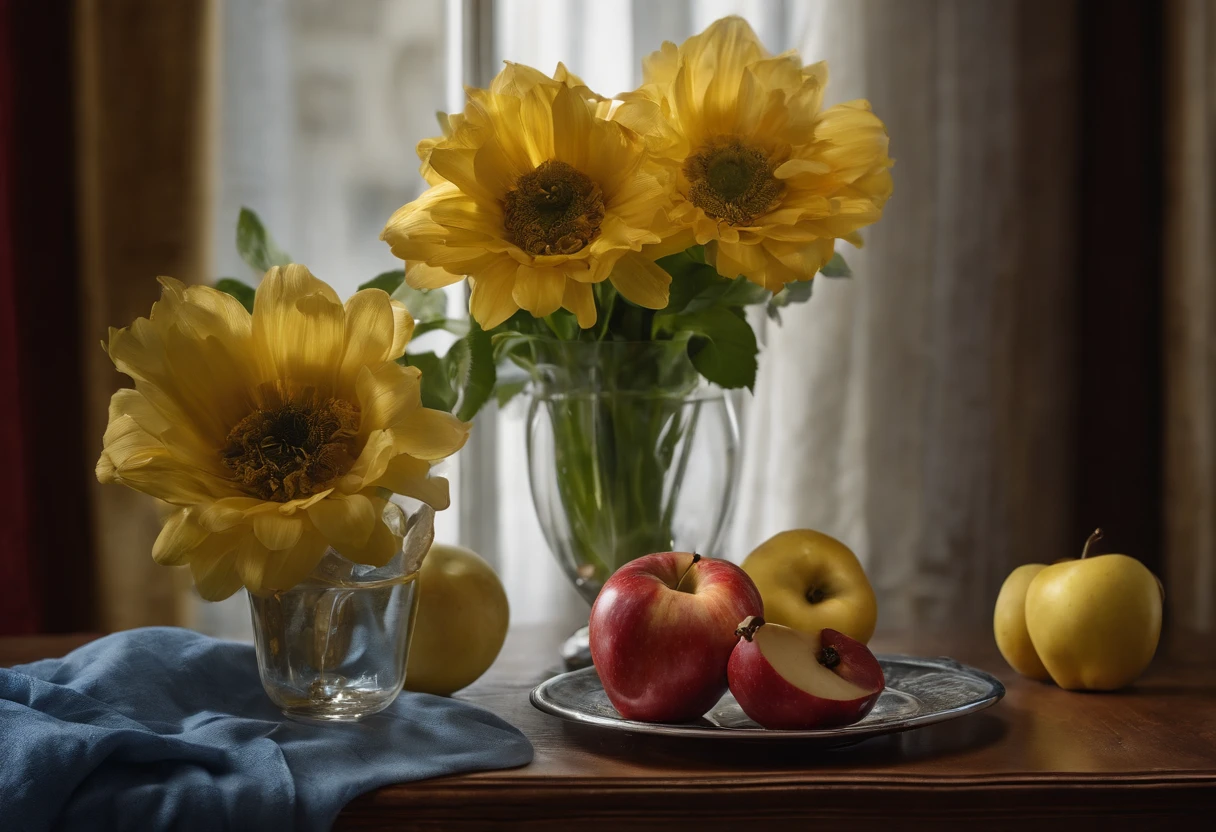 Hyperrealism, 135mm, Nikon, chiaroscuro, cinematic lighting, god rays, drop shadow, Dutch Golden Age painting, Hyperrealism, Realism, Neoclassicism, UHD, retina, masterpiece, ccurate, super detail, high details, high quality, award winning, best quality, highres, 4K, hyper-realistic image, still life, two glass glasses, a glass of wine, a bottle of champagne, an apple, blue fabric, yellow flowers, red porcelain vase.professional photography professional photography, a photorealistic painting by Alexander Kucharsky, Shutterstock Competition Winner, hyperrealism, super realistic food image, still life photography, amazing food photography, Photography Hyperrealism, photorealistic oil painting, highly realistic, professional fruit photography, photorealistic painting, hyperrealism photography, beautiful photorealistic images, 3D