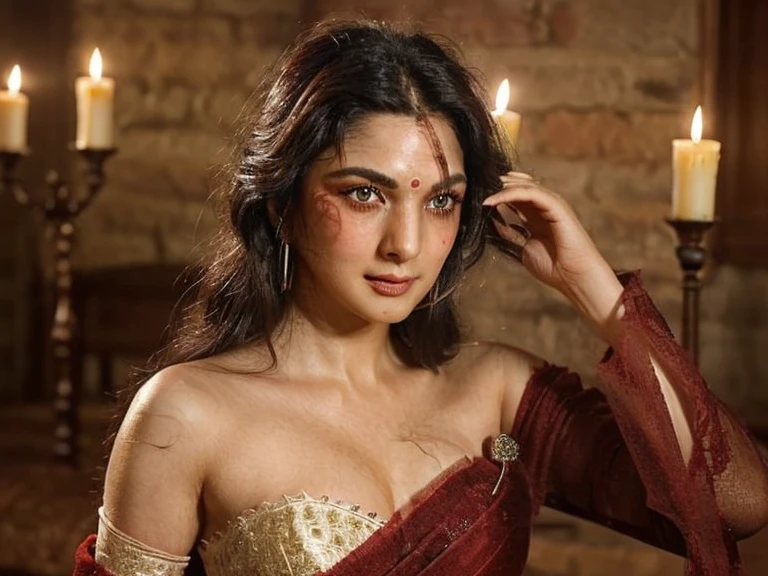 (((a deep reddish wound crosses her left cheek))) fair complexion, woman around 19 years old, natural white hair, distinctive green eyes, wearing kohl, slender and graceful, beautiful, candlelight in a medieval setting, ultra sharp focus, realistic shot, medieval female clothes, tetradic colors (scar:1.4)