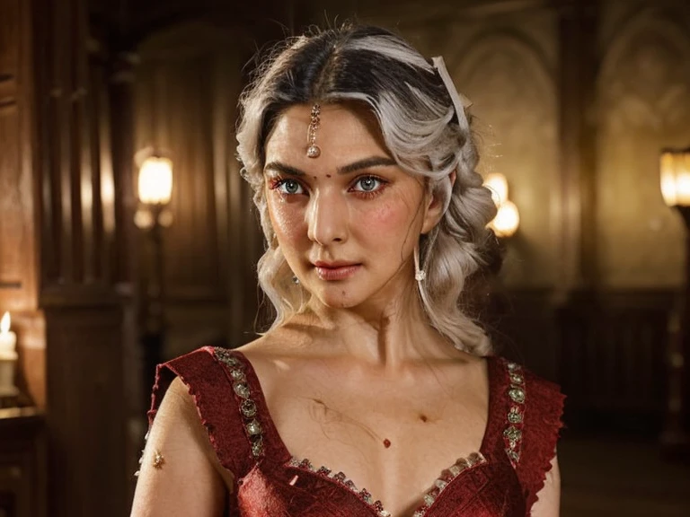 (((a deep reddish wound crosses her left cheek))) fair complexion, woman around 19 years old, natural white hair, distinctive green eyes, wearing kohl, slender and graceful, beautiful, candlelight in a medieval setting, ultra sharp focus, realistic shot, medieval female clothes, tetradic colors (scar:1.4)