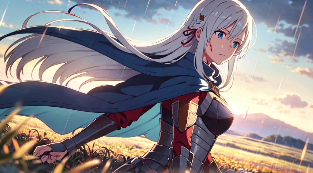 Masterpiece, 1 lady (solo), (very long hair) , White hair, Have light blue eyes. Scenery. Armor with blue cape, wear flower hairpin. Calm expression. (Blood on body and face) . Rain, Wheat field. Sky. (Look up at the sky). Ray tracing. Dramatic. (Close up), (Blowing hair)