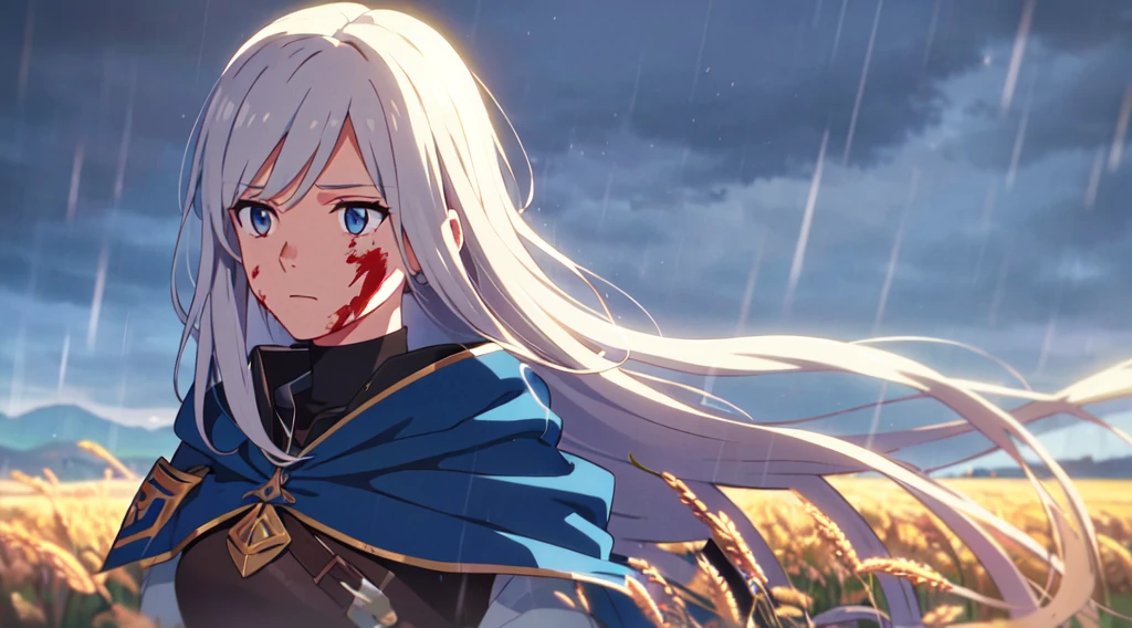Masterpiece, 1 lady (solo), (very long hair) , White hair, Have light blue eyes. Scenery. Armor with blue cape, wear flower hairpin. Calm expression. (Blood on body and face) . Rain, Wheat field. Sky. (Look up at the sky). Ray tracing. Dramatic. (Close up), (Blowing hair)