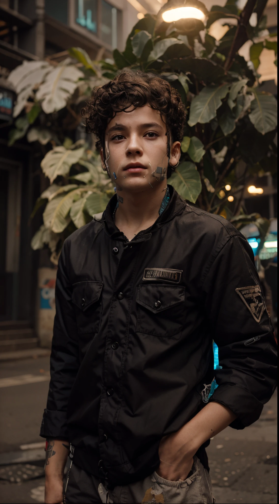 Cyberpunk little boy High details realistic face, curly hair