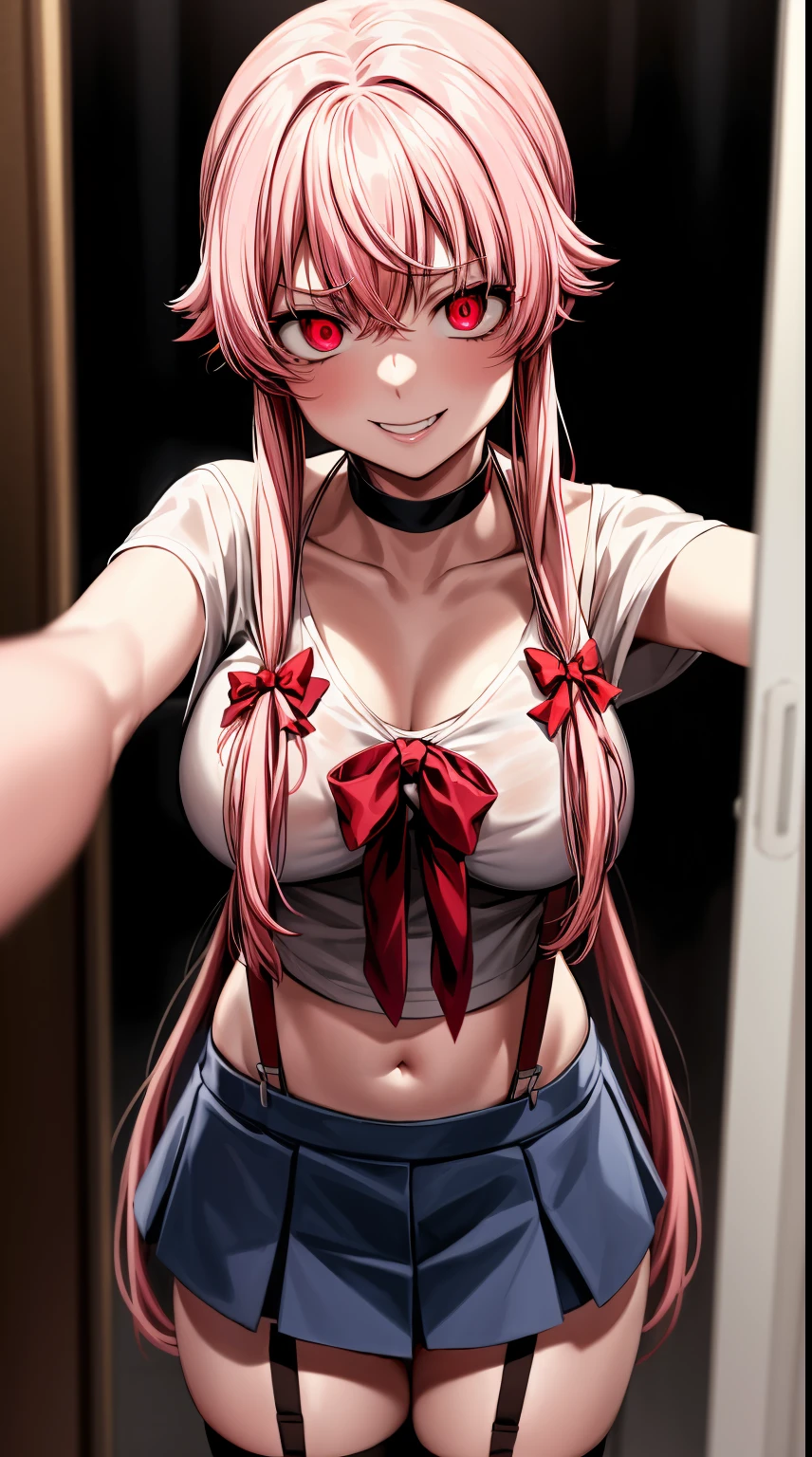 gasai yuno, white cardigan, black shirt, denim skirt, miniskirt, collarbone BREAK red eyes, large breasts, black choker, (head tilt:0.8), angry, talking to you, (night;1.5) arms behind back, pink hair, black thigh high suspenders in a old room, YAMEROYANDERE CONSTRICTED PUPILS YANDERE EMPTY EYES SHADED FACE CRAZY EYES GLOWING EYES CRAZY SMILE DARK