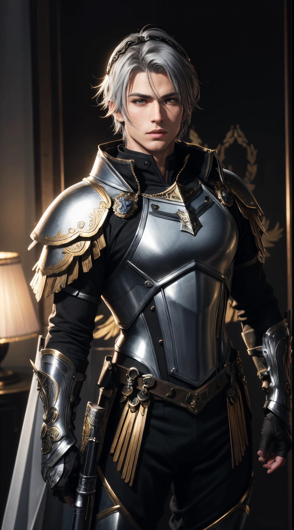 (absurdres, highres, ultra detailed, HDR), masterpiece, best quality, Valkyrie Profile Character handsome boy in black gold Valkyrie suit short hair wearing headgear silver grey hair