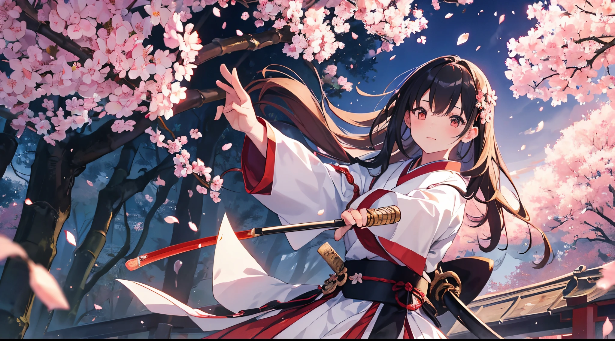 a girl with traditional Japanese clothing and armor, fighting with a sword and bamboo practice spear, surrounded by cherry blossom trees and falling petals, in a serene garden at twilight, with soft and warm lighting, reminiscent of a traditional Japanese painting, with vibrant colors and rich textures, capturing the bravery and grace of the onna-bugeisha warriors from ancient Japan