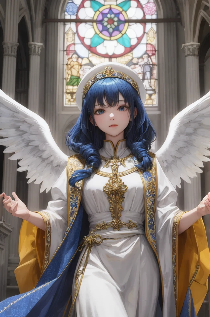 blue-haired girl in a white dress、has angel wings。Statue of Mary in the stained glass of the church cathedral。