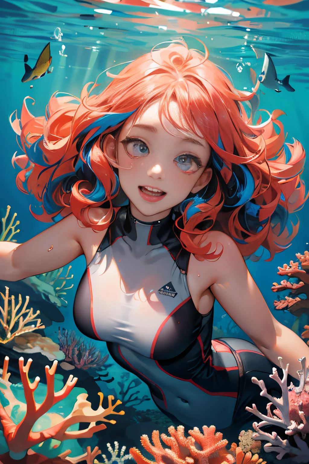 absurdres, highres, ultra detailed, 1girl, solo, extremely detailed eyes, multicolored hair, curly hair, coral eyes, , Diving_underwater_to_view_marine_life,, heavy breathing (panting)