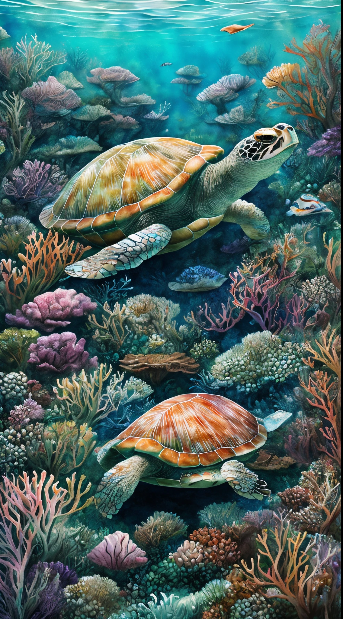 best quality,ultra-detailed,realistic,turtle,watercolor painting,beautiful detailed shell,detailed eyes and face,serene underwater scene,colorful coral reef,floating seaweed and algae,soft sunlight filtering through the water,vibrant colors,blurred background,peaceful and calm,marine life,slow movement,aquatic ecosystem