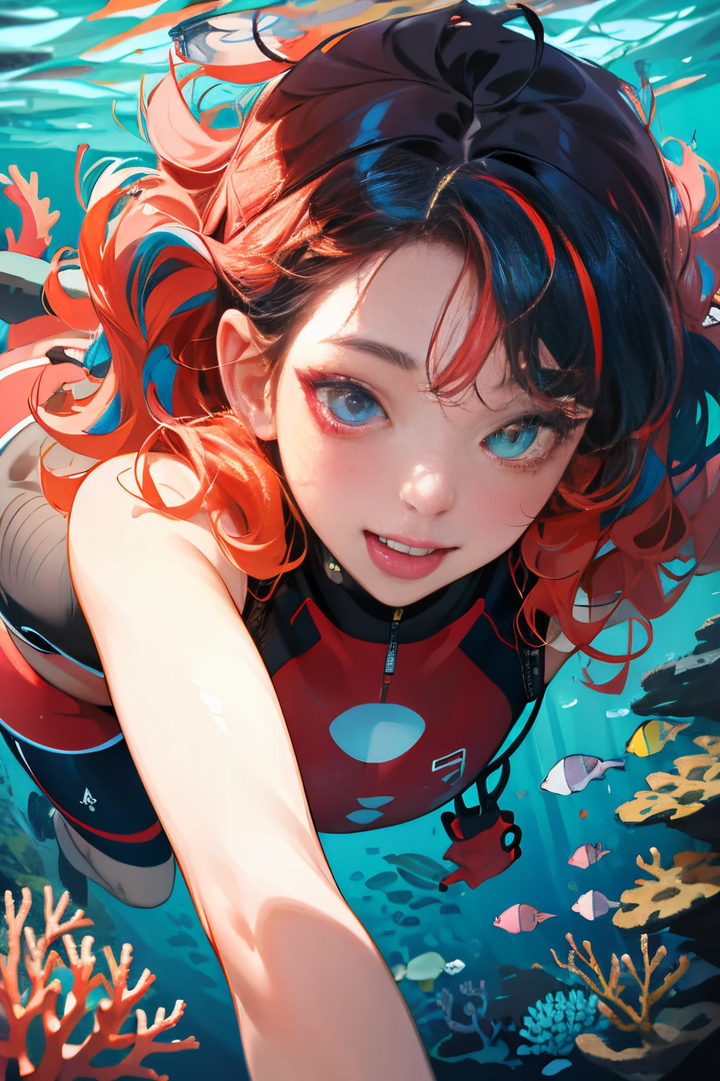 absurdres, highres, ultra detailed, 1girl, solo, extremely detailed eyes, multicolored hair, curly hair, coral eyes, , Diving_underwater_to_view_marine_life,, heavy breathing (panting)