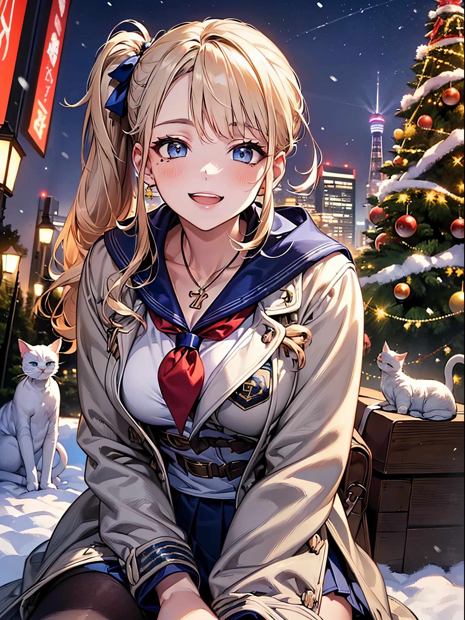 ((((perfect anatomy, super detailed skin)))), 1 girl, japanese, high school girl, shiny skin, large breasts:0.5, looking away, looking up, watching the view, from below, 
beautiful hair, beautiful face, beautiful detailed eyes, (long hair:1.7, side ponytail:1.5), blond hair, blue eyes, 
beautiful clavicle, beautiful body, beautiful chest, beautiful thigh, beautiful legs, babyface, mole under eye, 
(((gray duffle coat), ((long sleeves)), all navy sailor suit, navy pleated skirt, navy sailor collar, red sailor scarf, thigh-highs, short boots), school bag, cross necklace), seductive thighs, , 
((smile:1.5, open your mouth wide)), sitting, (((hugging white cat, a lot of cats gather))), 
(beautiful scenery), winter, midnight, hokkaido, sapporo, odori park, christmas, (christmas tree), illumination, tv tower, snow, snowfall:1.5, freezing weather, frost, 
(8k, top-quality, masterpiece​:1.2, extremely detailed), (photorealistic), beautiful illustration, cinematic lighting,