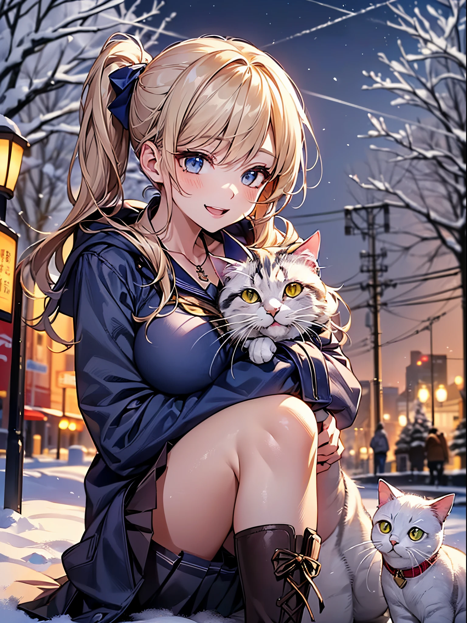 ((((perfect anatomy, super detailed skin)))), 1 girl, japanese, high school girl, shiny skin, large breasts:0.5, looking away, looking up, watching the view, from below,
beautiful hair, beautiful face, beautiful detailed eyes, (long hair:1.7, side ponytail:1.5), blond hair, blue eyes,
beautiful clavicle, beautiful body, beautiful chest, beautiful thigh, beautiful legs, babyface, mole under eye,
(((gray duffle coat), ((long sleeves)), all navy sailor suit, navy pleated skirt, navy sailor collar, red sailor scarf, thigh-highs, short boots), school bag, cross necklace), seductive thighs, ,
((smile:1.5, open your mouth wide)), sitting, (((hugging white cat, a lot of cats gather))),
(beautiful scenery), winter, midnight, hokkaido, sapporo, odori park, christmas, (christmas tree), illumination, tv tower, snow, snowfall:1.5, freezing weather, frost,
(8k, top-quality, masterpiece:1.2, extremely detailed), (photorealistic), beautiful illustration, cinematic lighting,