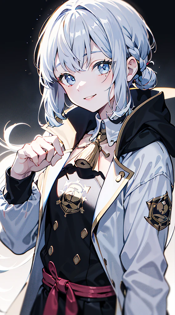 kamisato ayaka, (best quality, highres, masterpiece:1.2), upper body, detailed black and white coat, modern style, cute pose, fade smile, flawless skin, stylish haircut, captivating gaze, soft lighting, knuckles up