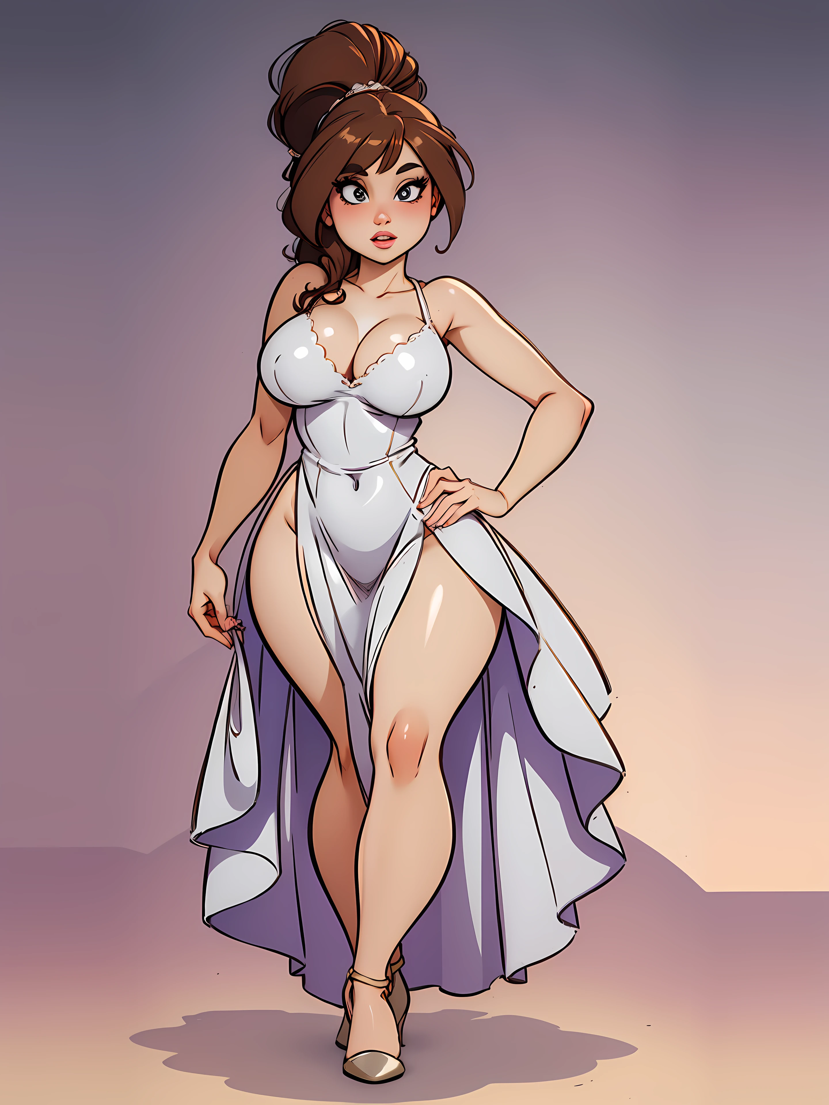 high detailed, masterpiece 1girl character in a silver dress, looking at viewer, perfect eyes, anime eyes, high heels, perfect hands, round breast, wide hips, thick thighs, updo hair, brown hair, ultra realistic digital art, a 3D render, photorealism