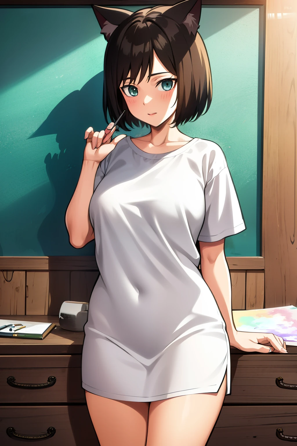 Cute girl,a painter,Painter's clothes,short hair, Drawing board, Hand drawing is better, adult girl, Girl, woman, sexy, Colors,big breasts, big chest,draw, full body, Cat ears, cat collar, cat tail