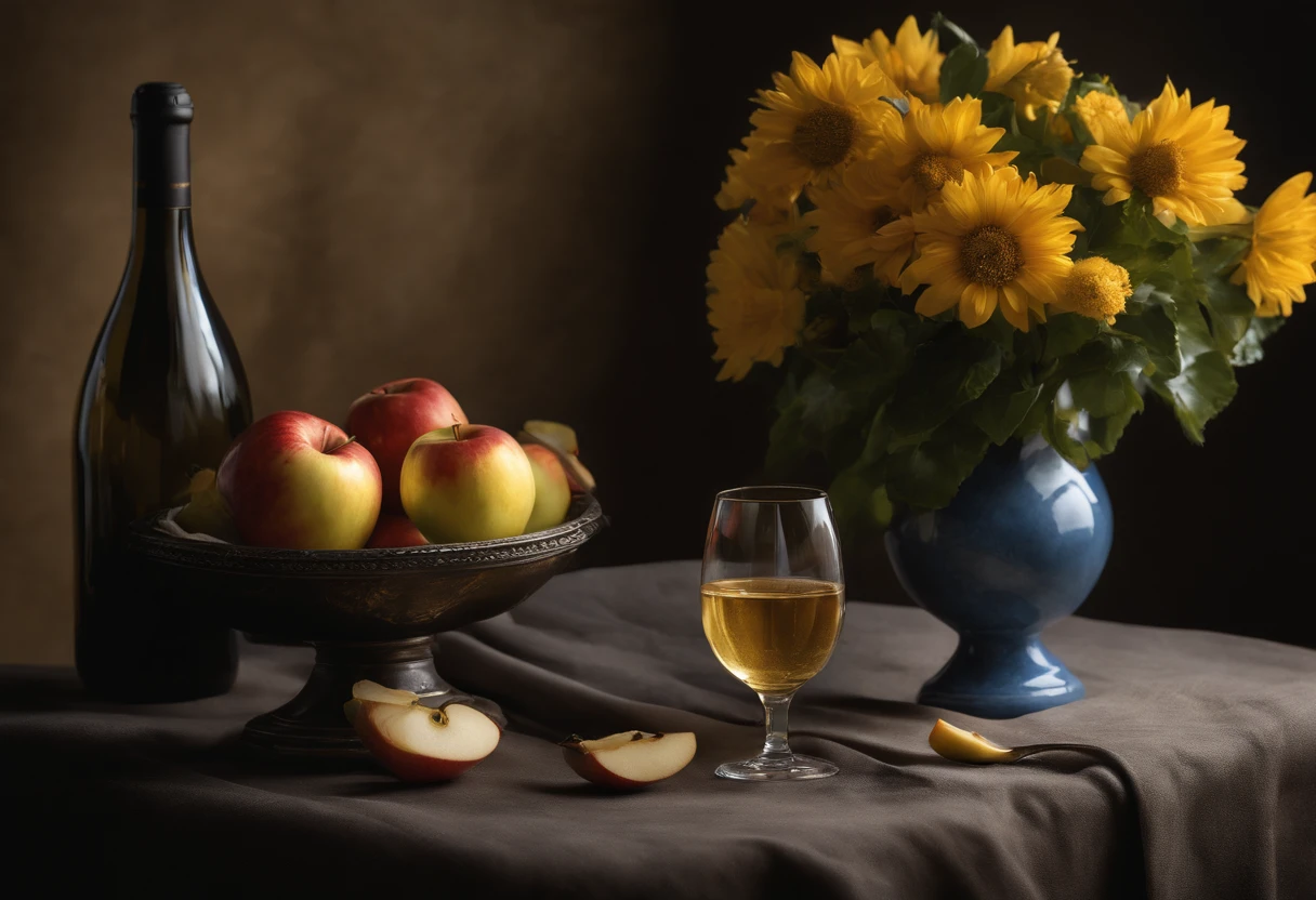 Hyperrealism, 135mm, Nikon, chiaroscuro, cinematic lighting, god rays, drop shadow, Dutch Golden Age painting, Hyperrealism, Realism, Neoclassicism, UHD, retina, masterpiece, ccurate, super detail, high details, high quality, award winning, best quality, highres, 4K, hyper-realistic image, still life, two glass glasses, a glass of wine, a bottle of champagne, an apple, blue fabric, yellow flowers, red porcelain vase.professional photography professional photography, a photorealistic painting by Alexander Kucharsky, Shutterstock Competition Winner, hyperrealism, super realistic food image, still life photography, amazing food photography, Photography Hyperrealism, photorealistic oil painting, highly realistic, professional fruit photography, photorealistic painting, hyperrealism photography, beautiful photorealistic images, 3D