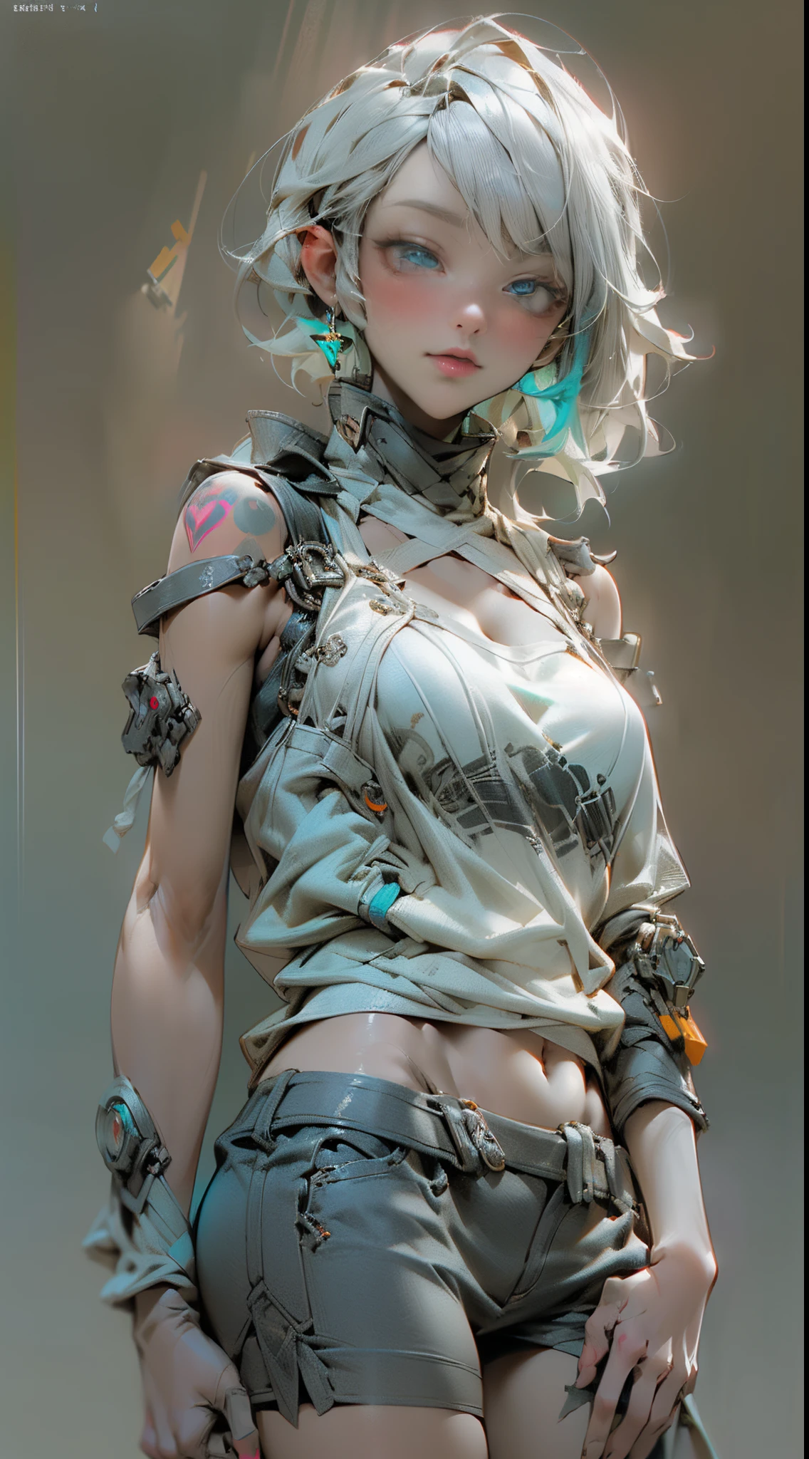 (Best Quality), ((Masterpiece), (Detail: 1.4), 3D, A Beautiful Cyberpunk Woman, HDR (High Dynamic Range), Ray Tracing, NVIDIA RTX, Super-Resolution, Unreal 5, Subsurface Scattering, PBR Textures, Post-Processing, Anisotropic Filtering, Depth of Field, Maximum Sharpness and Clarity, Multi-layer Textures, Albedo and Highlight Maps, Surface Shading, Accurate simulation of light-material interactions, perfect proportions, Octane Render, two-color light, large aperture, low ISO, white balance, rule of thirds, 8K RAW, nudity, off-the-shoulder, camisole vest, miniskirt, transparent attire, open waist, miniskirt //, very short, colorful graffiti on shoulders,